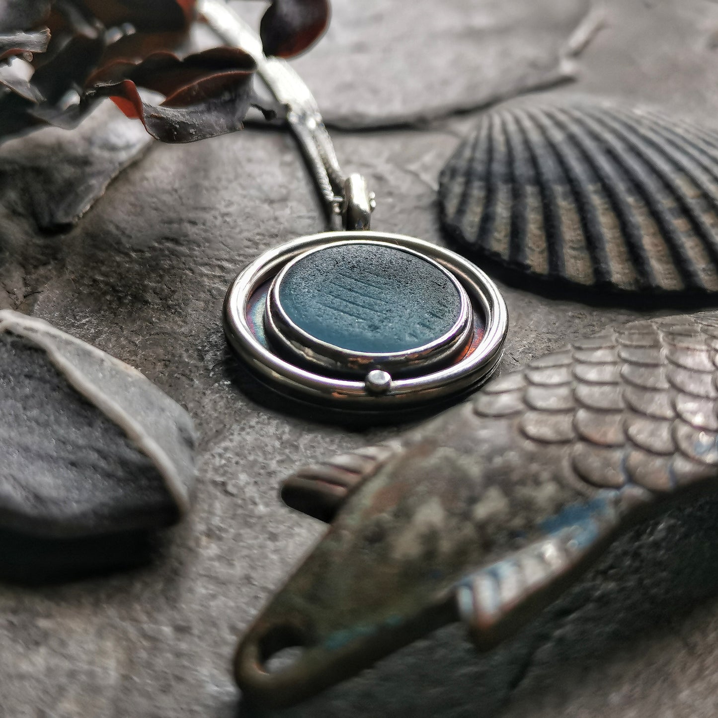 Japanese blue ohajiki sea glass & sterling silver pendant.