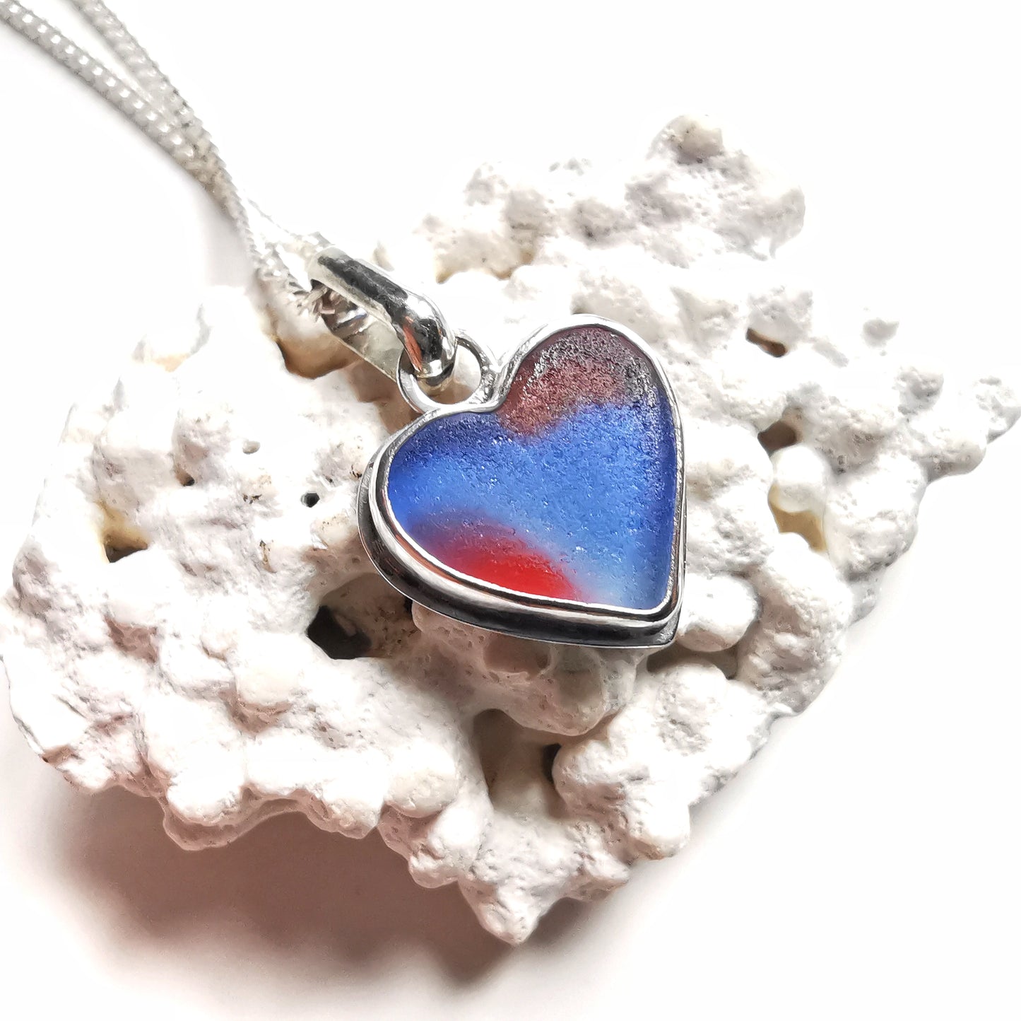 Scottish multi coloured sea glass heart & sterling silver pendant.