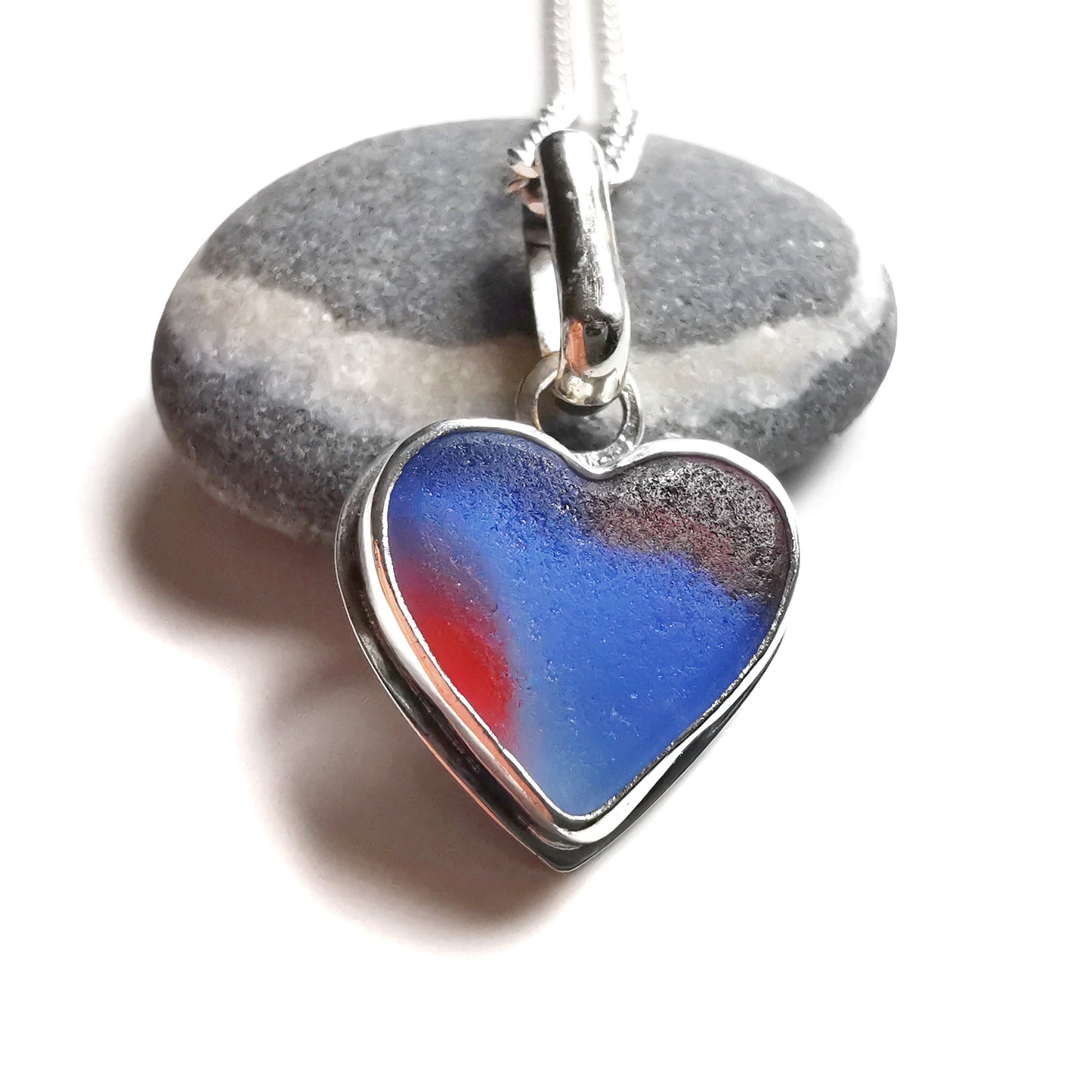 Scottish multi coloured sea glass heart & sterling silver pendant.