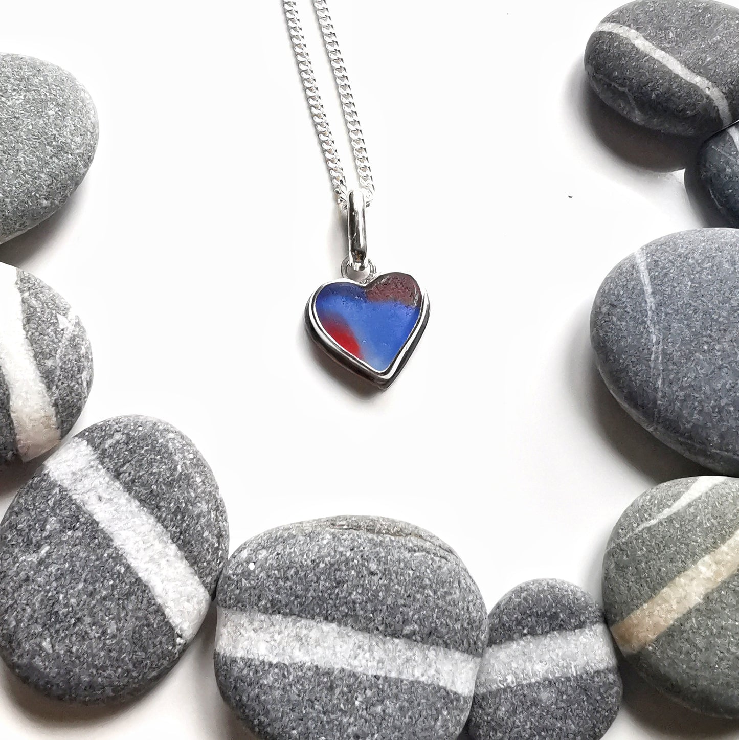 Scottish multi coloured sea glass heart & sterling silver pendant.
