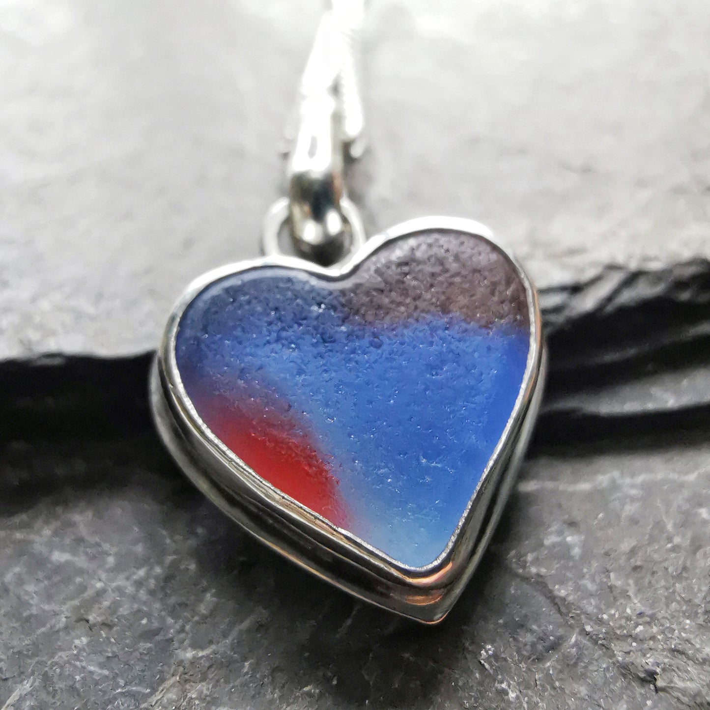Scottish multi coloured sea glass heart & sterling silver pendant.