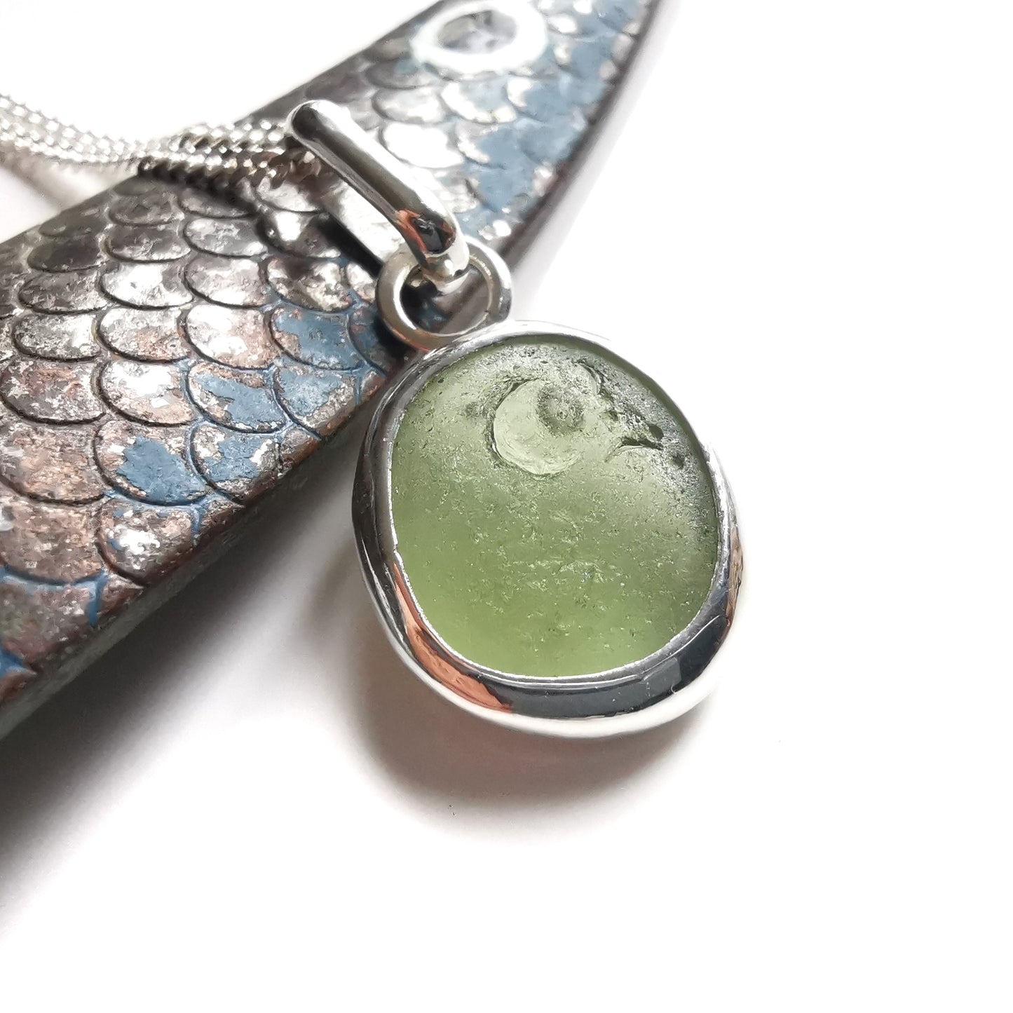 Green sea glass & sterling silver pendant.