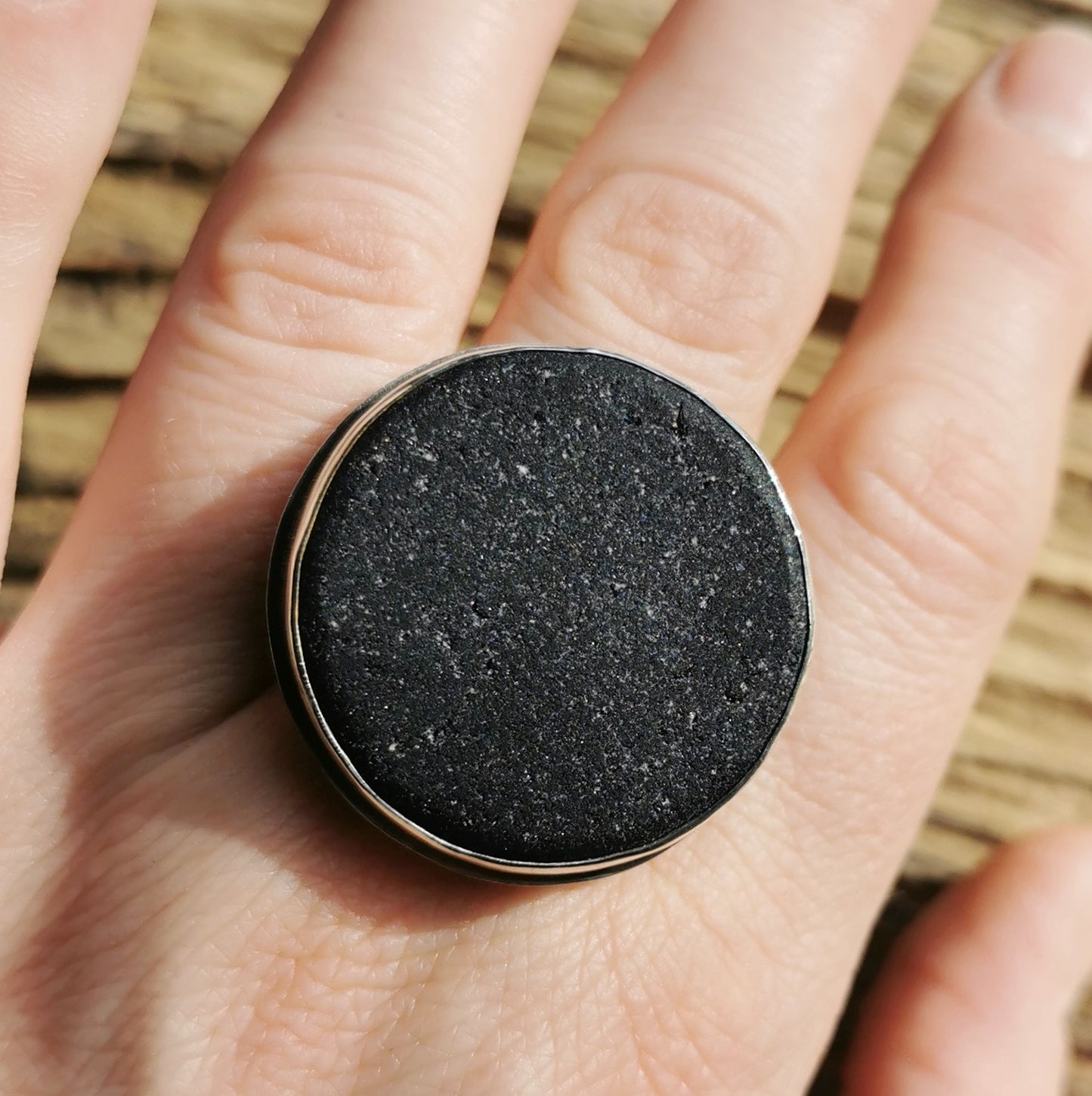Black Scottish sea glass & sterling silver adjustable ring.