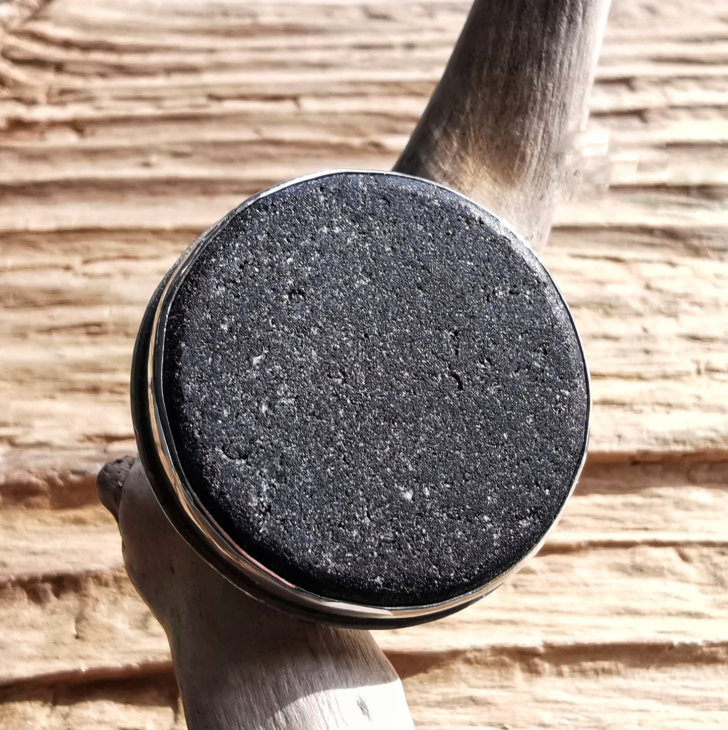 Black Scottish sea glass & sterling silver adjustable ring.