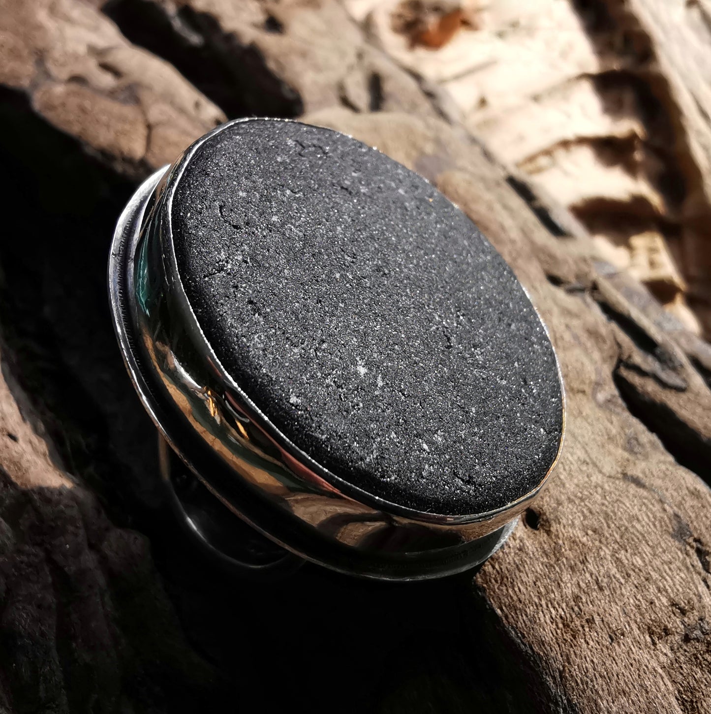 Black Scottish sea glass & sterling silver adjustable ring.