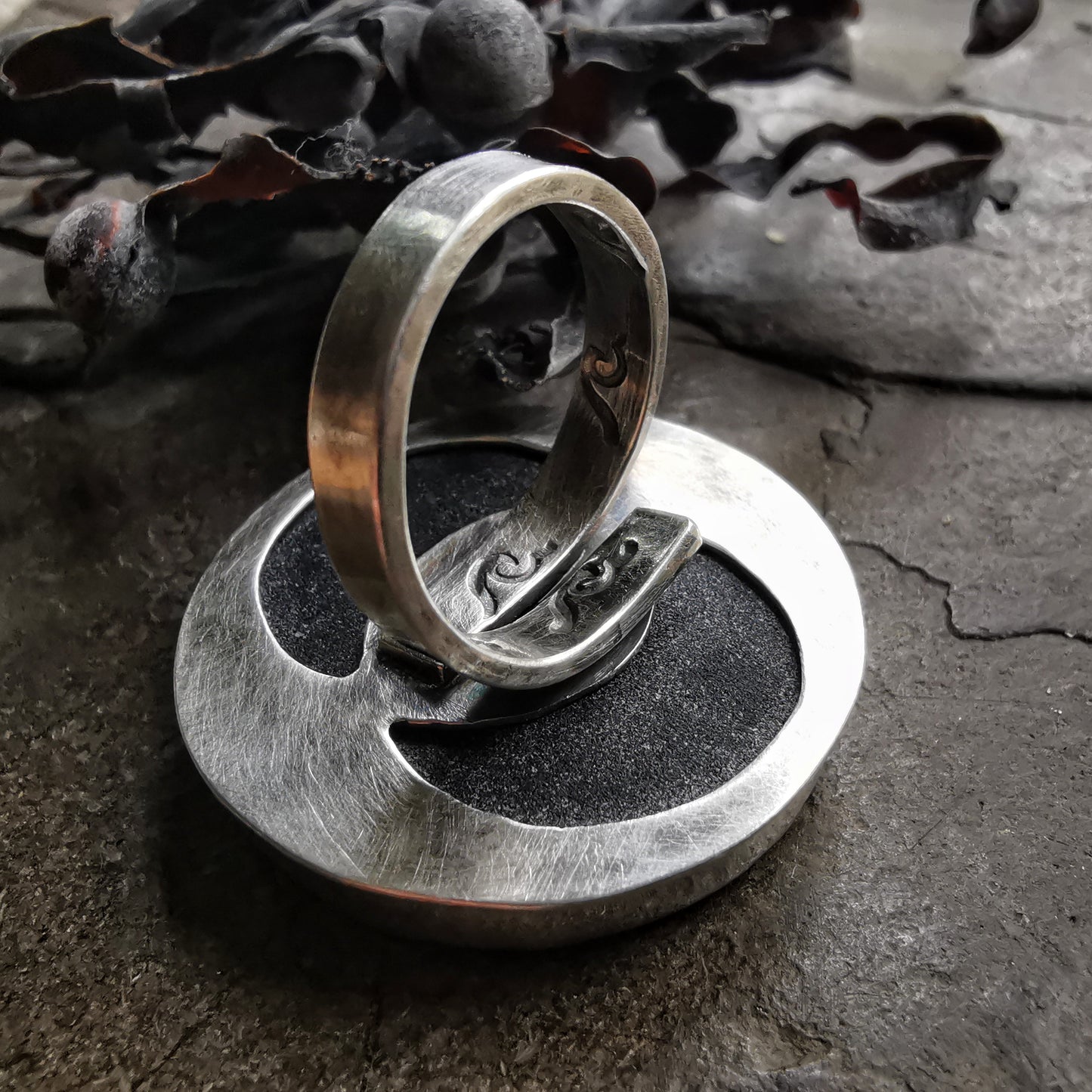 Black Scottish sea glass & sterling silver adjustable ring.