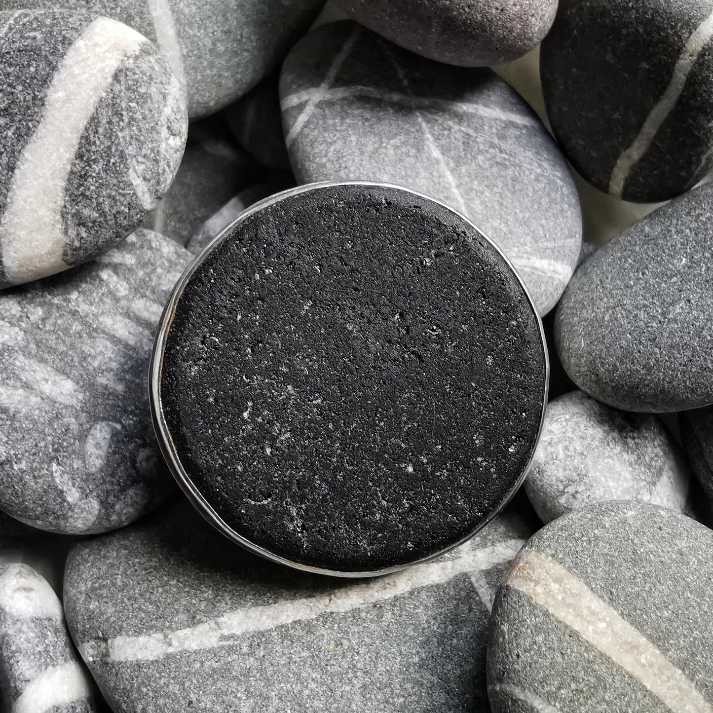 Black Scottish sea glass & sterling silver adjustable ring.