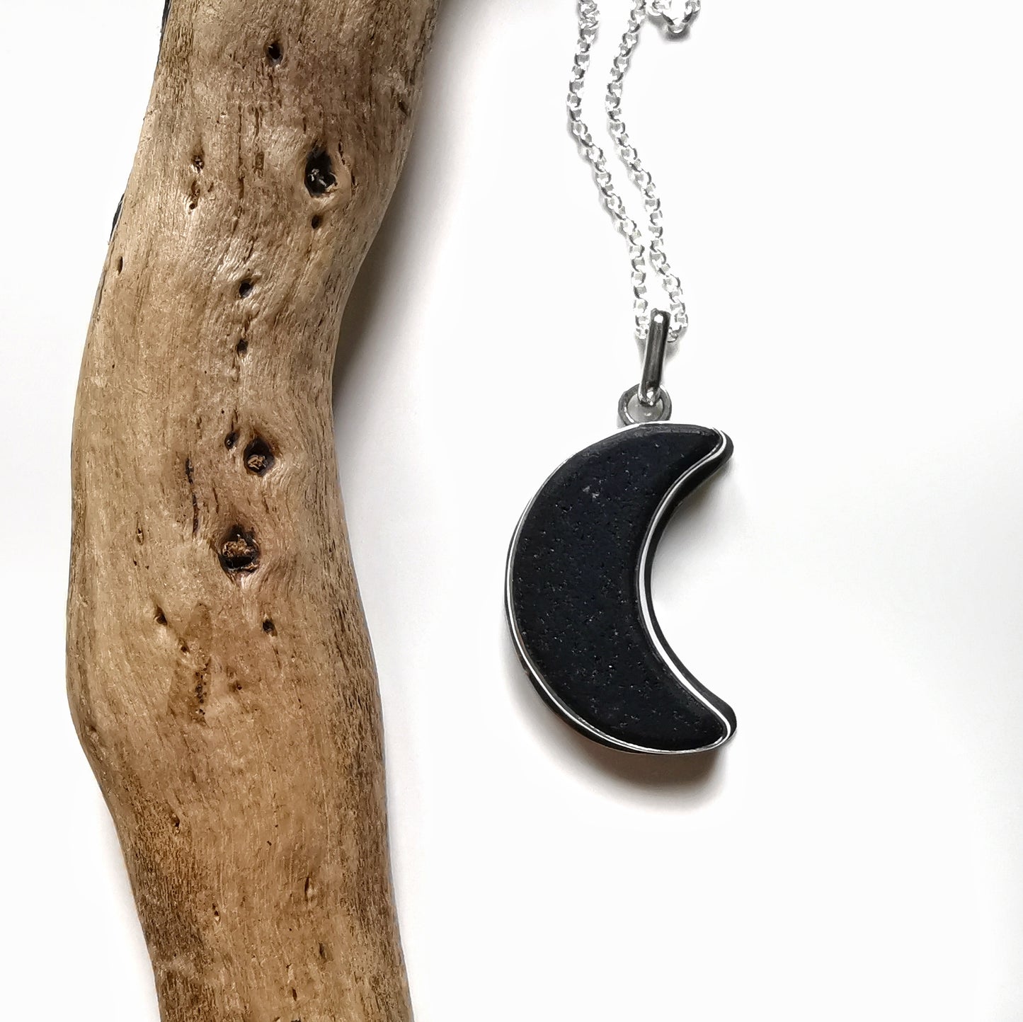 Reserved for Gatia. Scottish black crescent moon sea glass & sterling silver pendant.