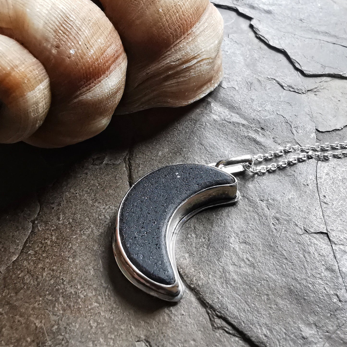 Reserved for Gatia. Scottish black crescent moon sea glass & sterling silver pendant.