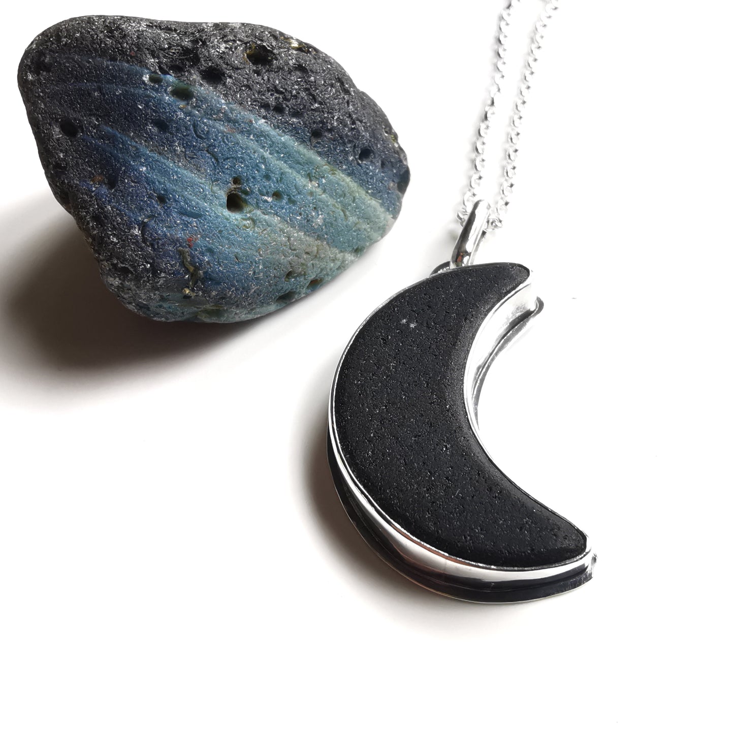 Reserved for Gatia. Scottish black crescent moon sea glass & sterling silver pendant.