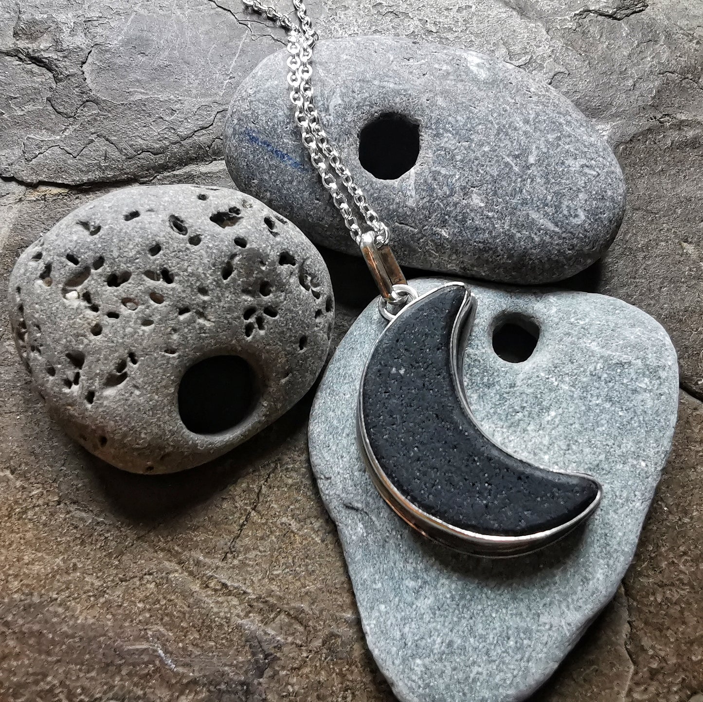 Reserved for Gatia. Scottish black crescent moon sea glass & sterling silver pendant.
