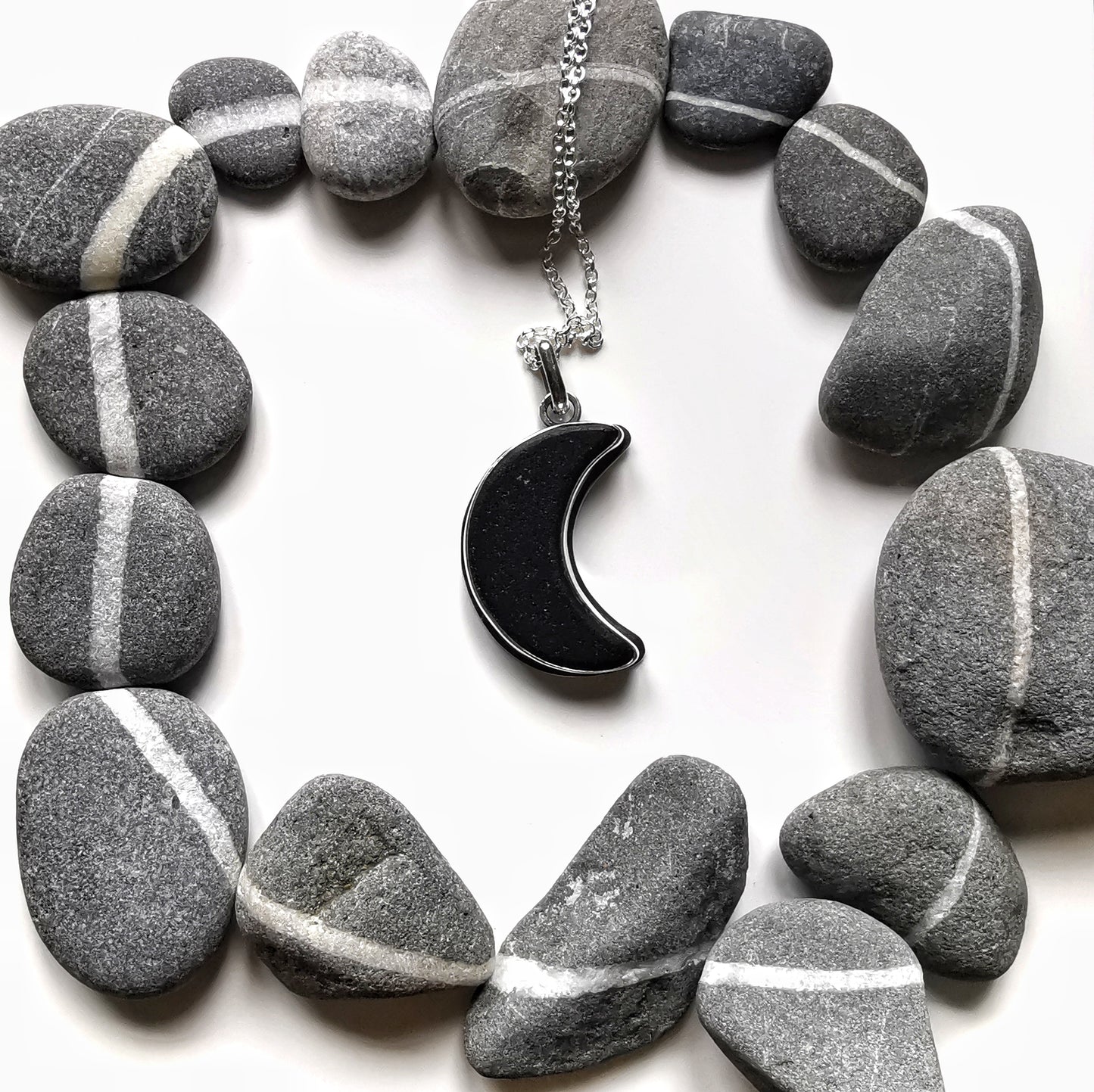 Reserved for Gatia. Scottish black crescent moon sea glass & sterling silver pendant.