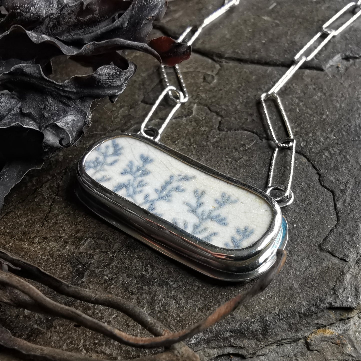 Scottish seaweed pattern sea pottery & sterling silver pendant.