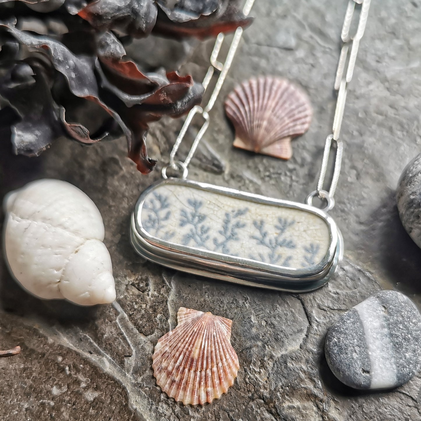 Scottish seaweed pattern sea pottery & sterling silver pendant.