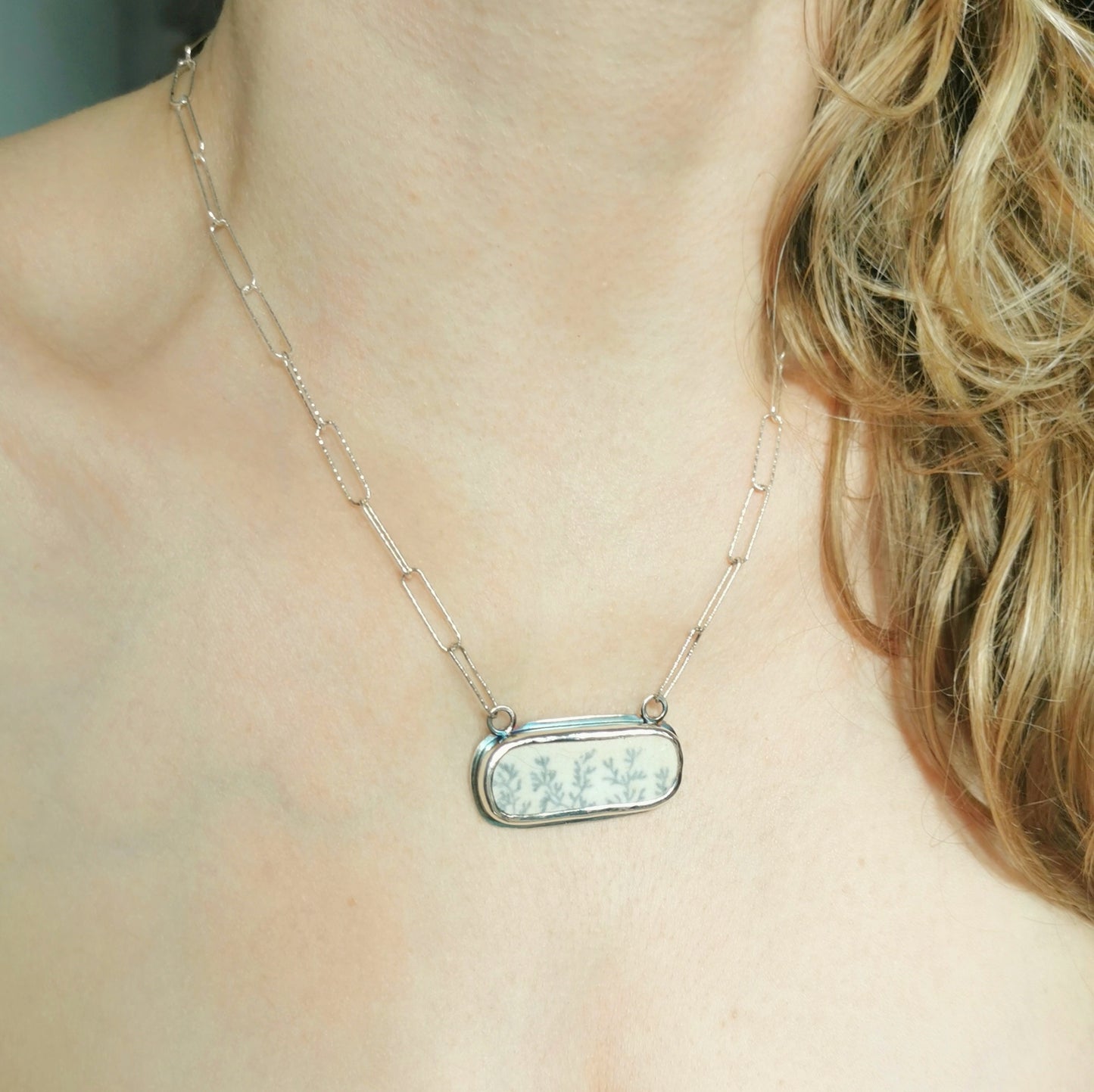 Scottish seaweed pattern sea pottery & sterling silver pendant.