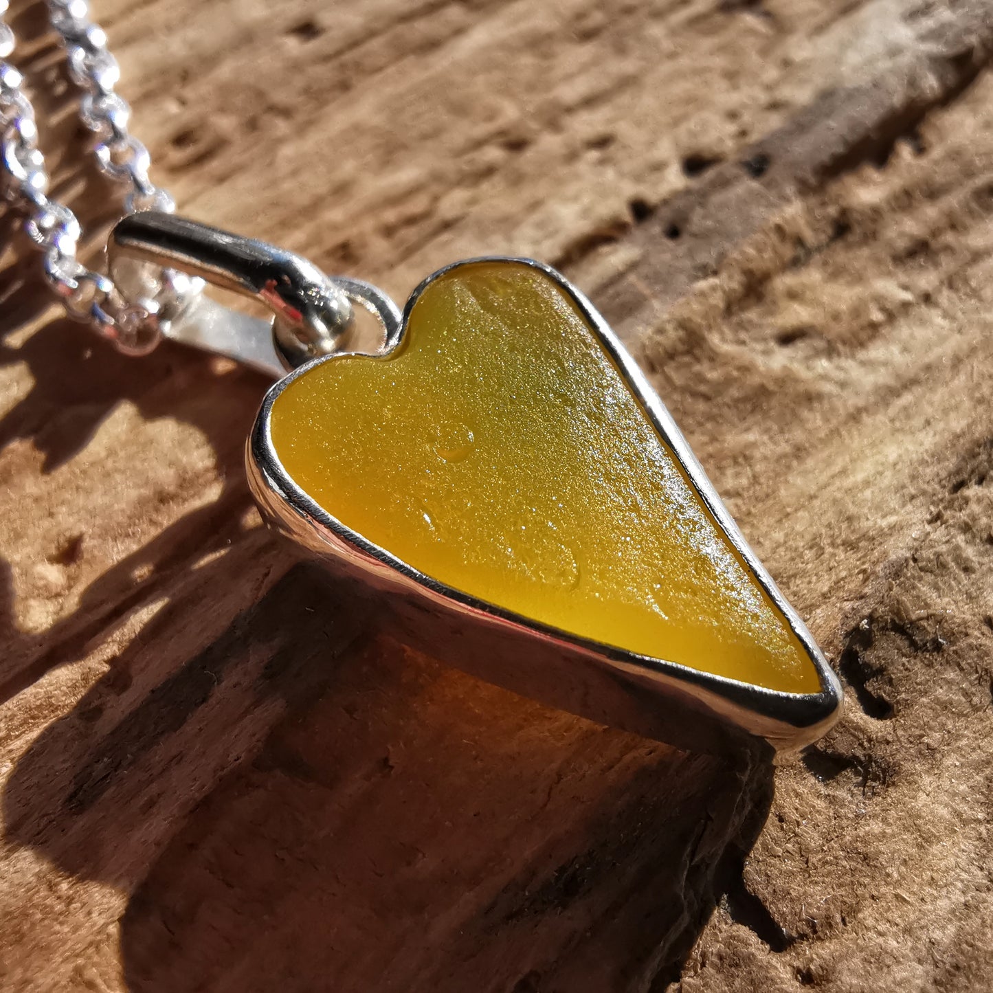 Scottish yellow sea glass heart & sterling silver pendant.