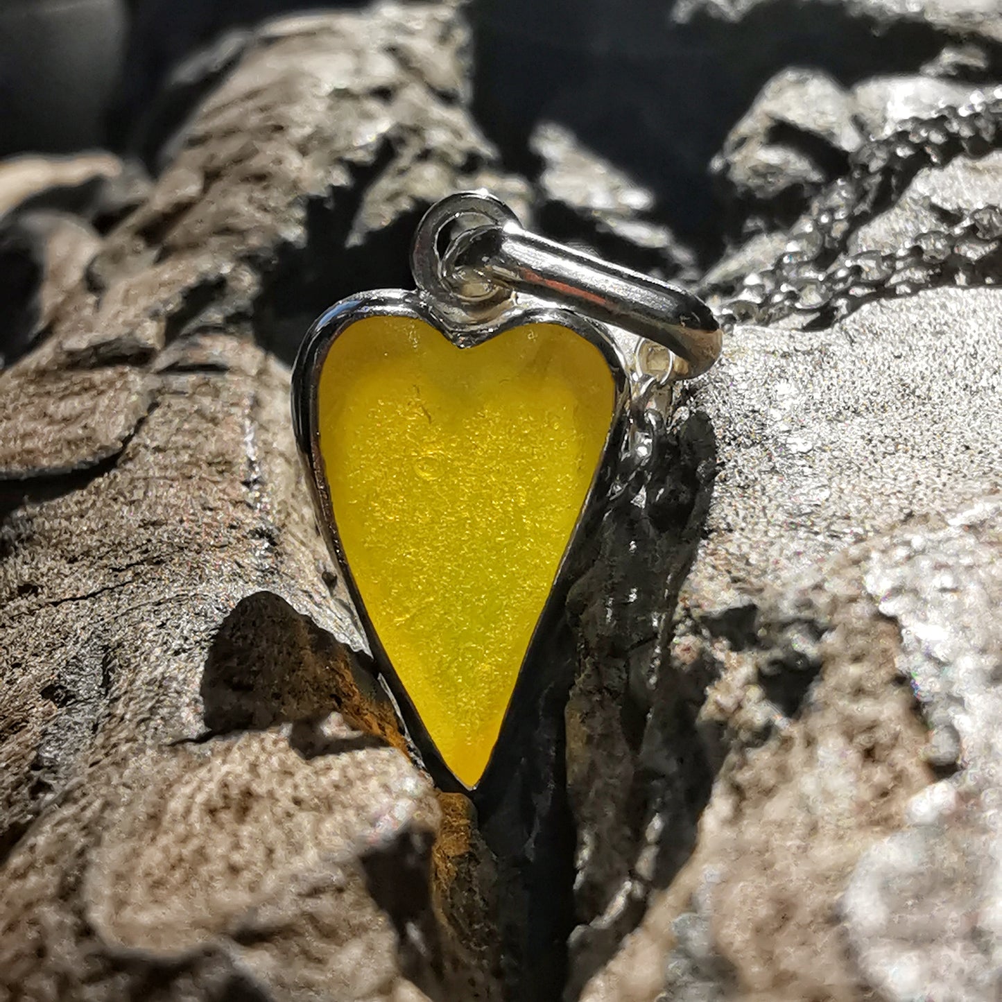 Scottish yellow sea glass heart & sterling silver pendant.