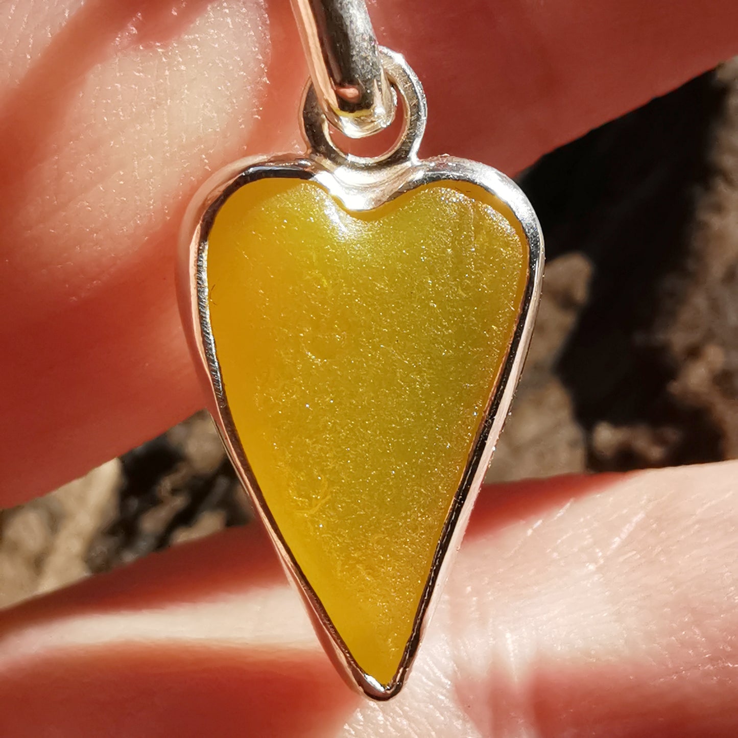 Scottish yellow sea glass heart & sterling silver pendant.