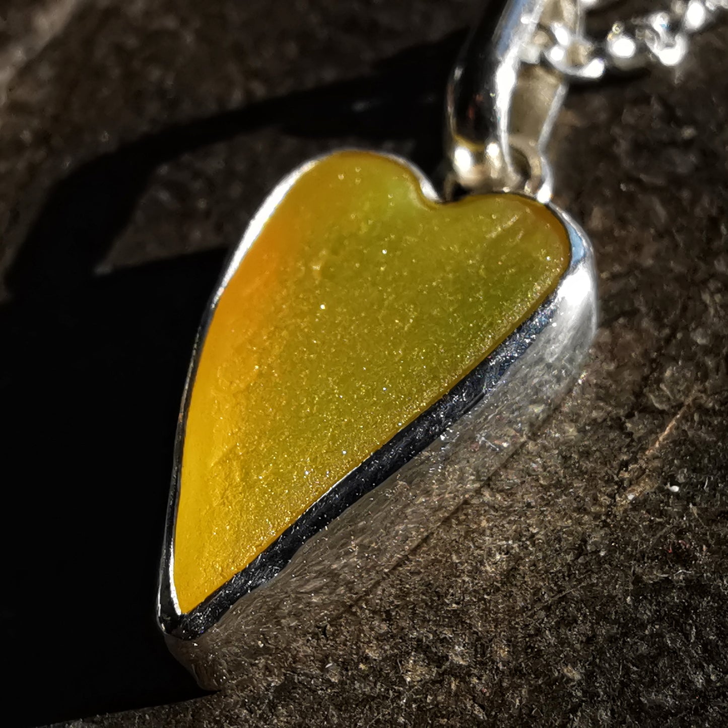 Scottish yellow sea glass heart & sterling silver pendant.