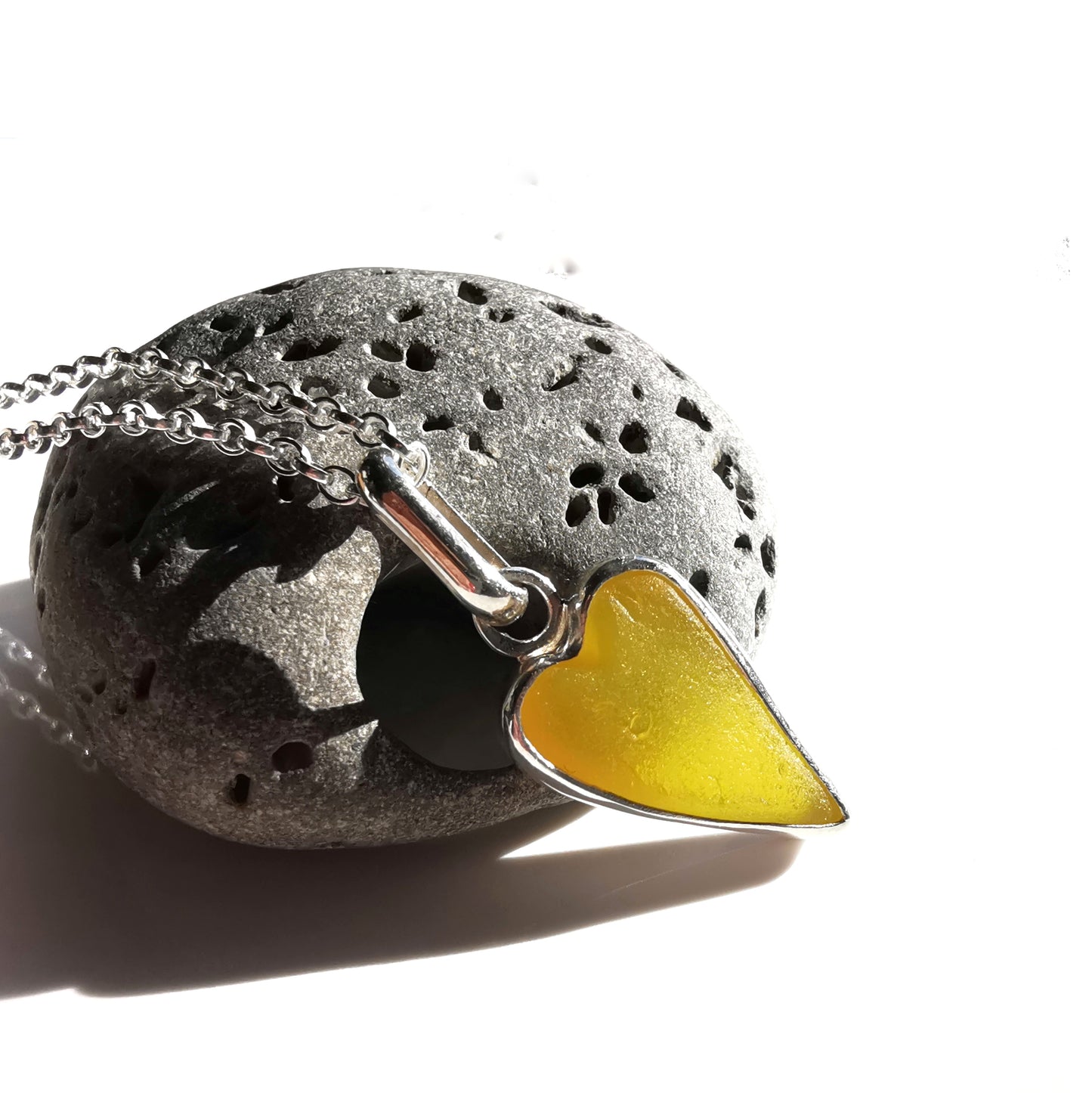 Scottish yellow sea glass heart & sterling silver pendant.