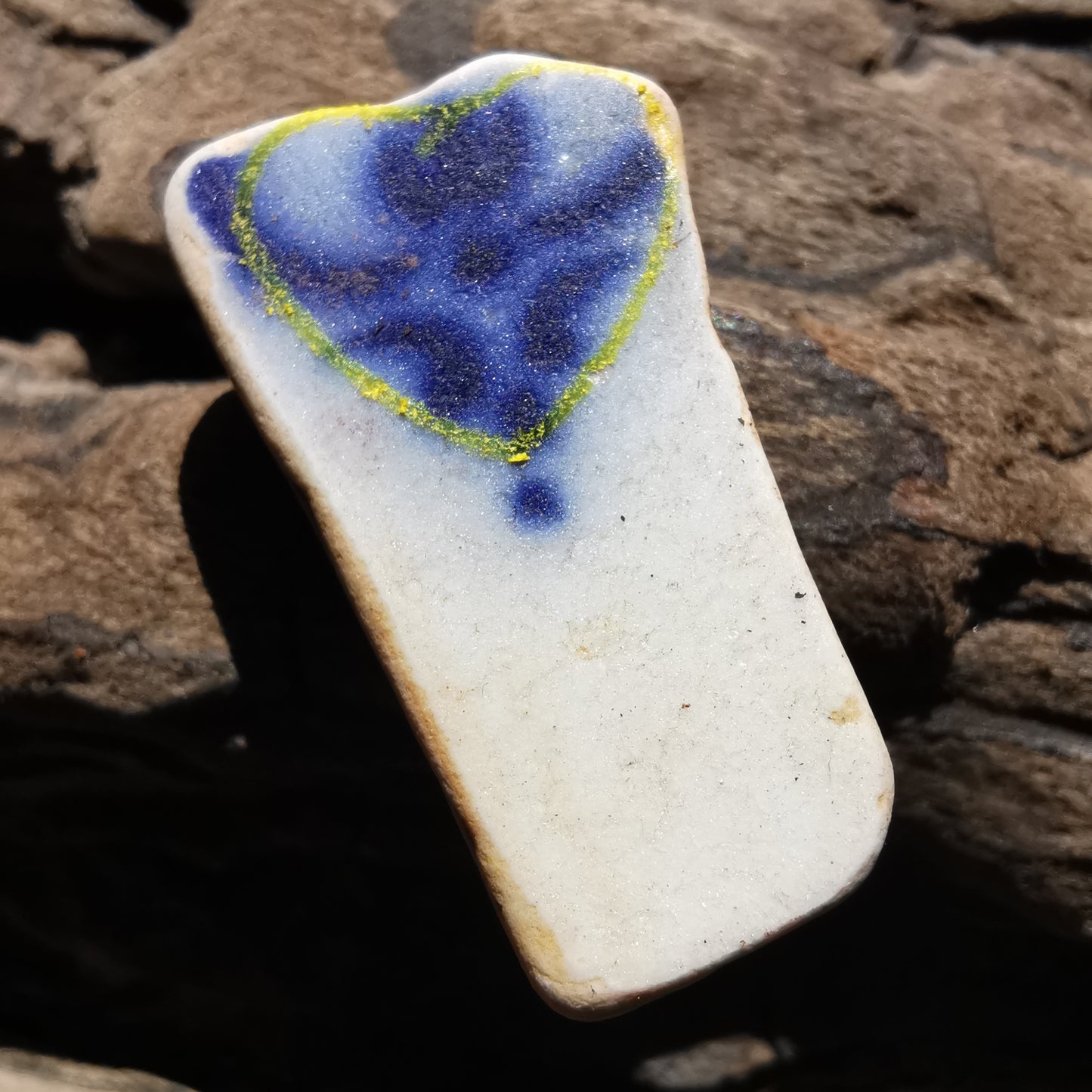 Scottish blue and white sea pottery heart & sterling silver pendant.