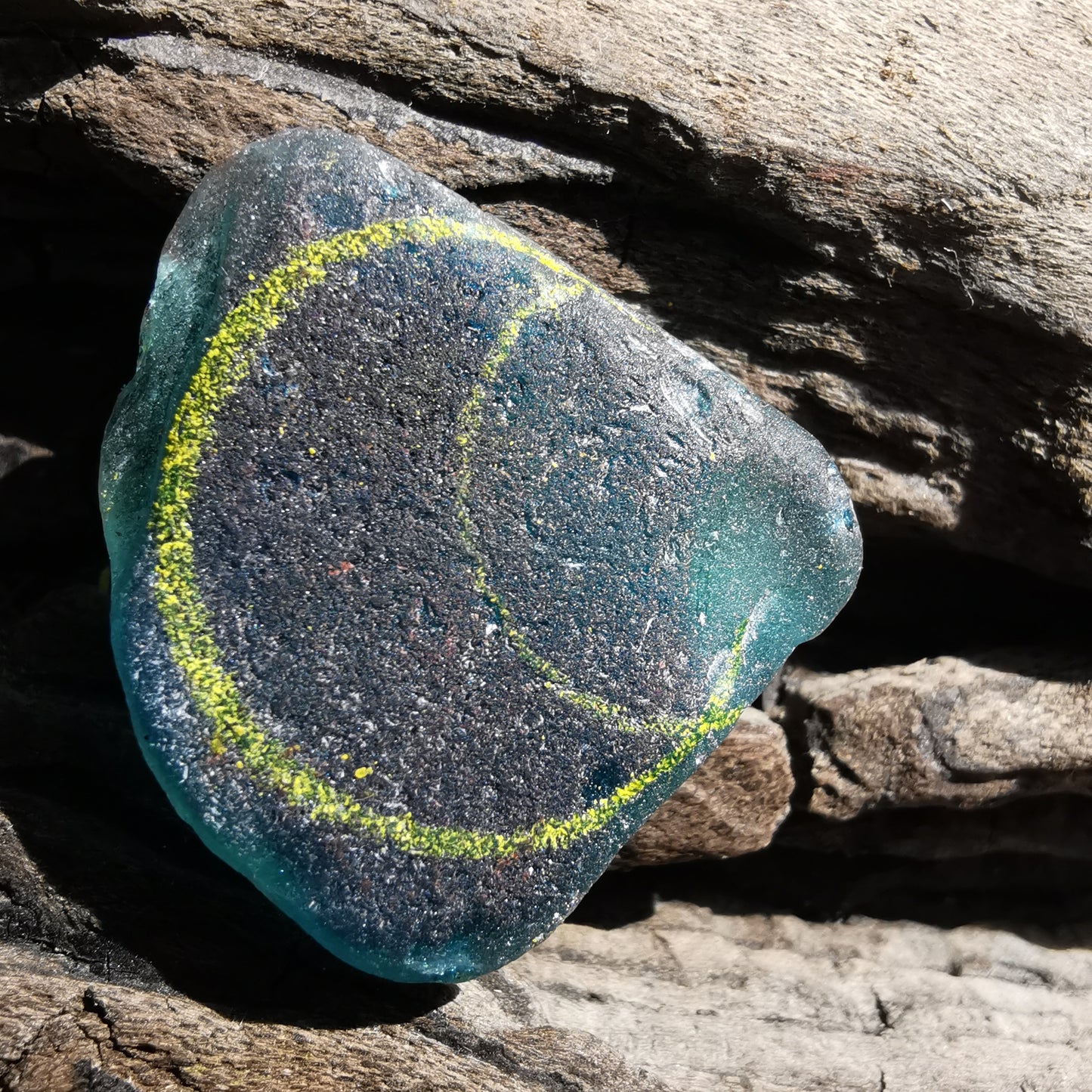 Scottish teal blue crescent moon sea glass & sterling silver pendant.