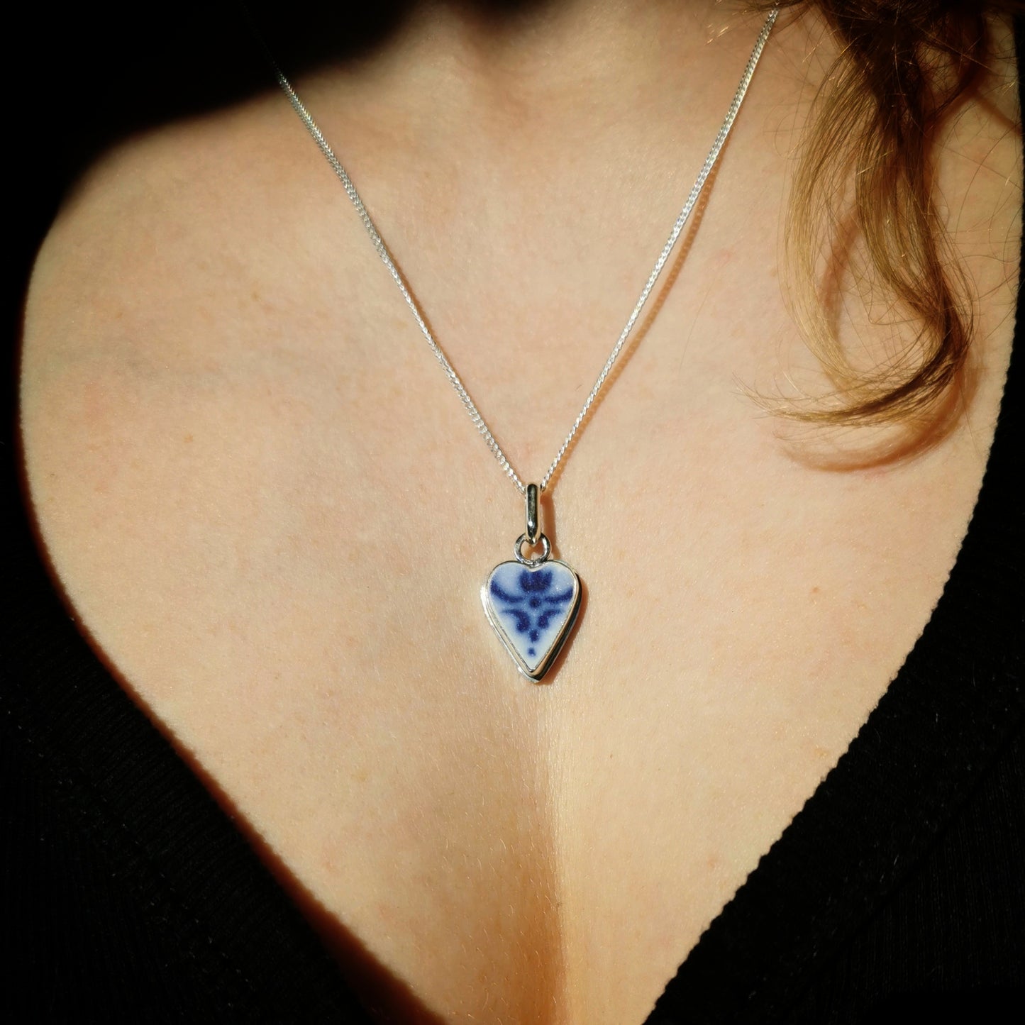 Scottish blue and white sea pottery heart & sterling silver pendant.