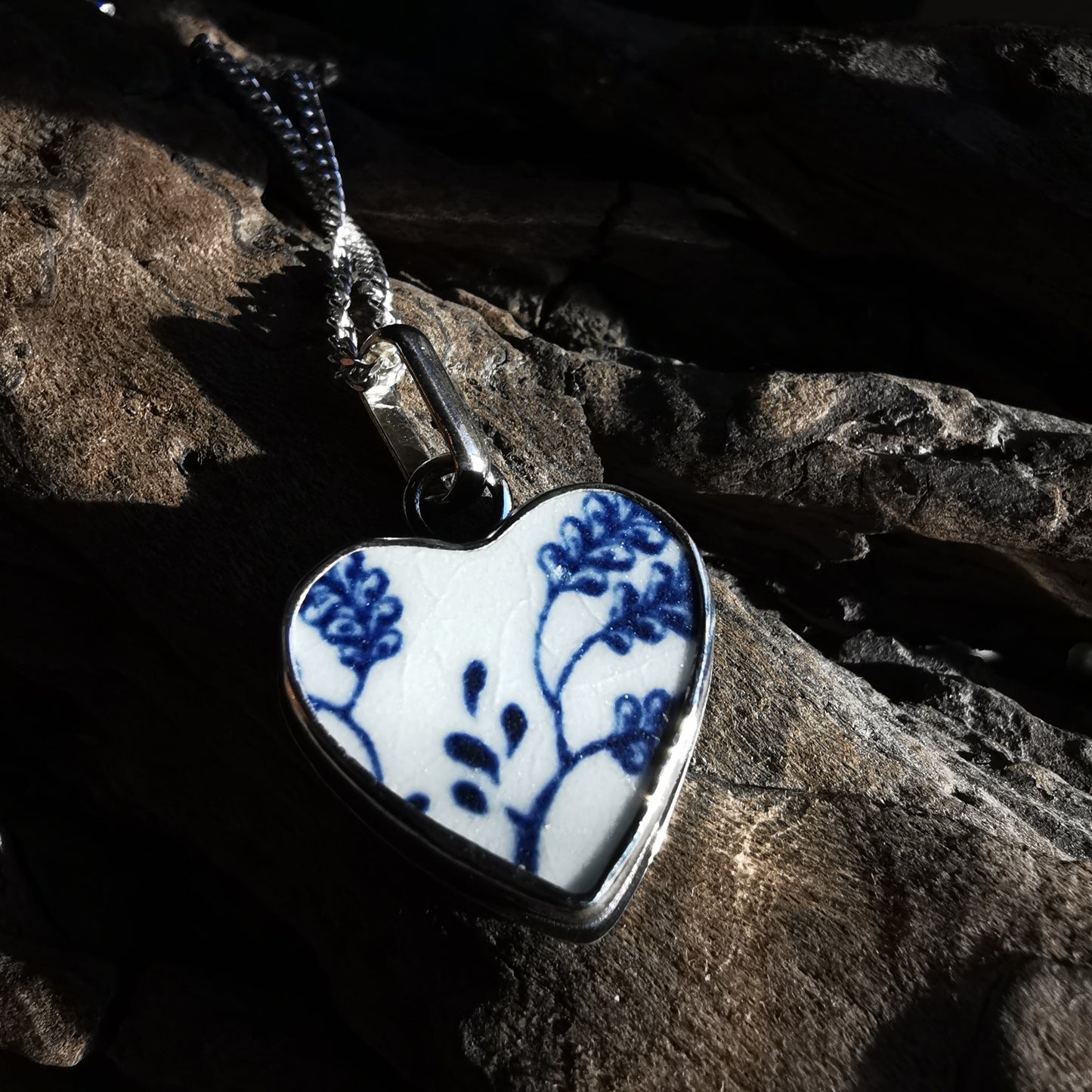 Scottish blue and white beach pottery heart & sterling silver pendant.