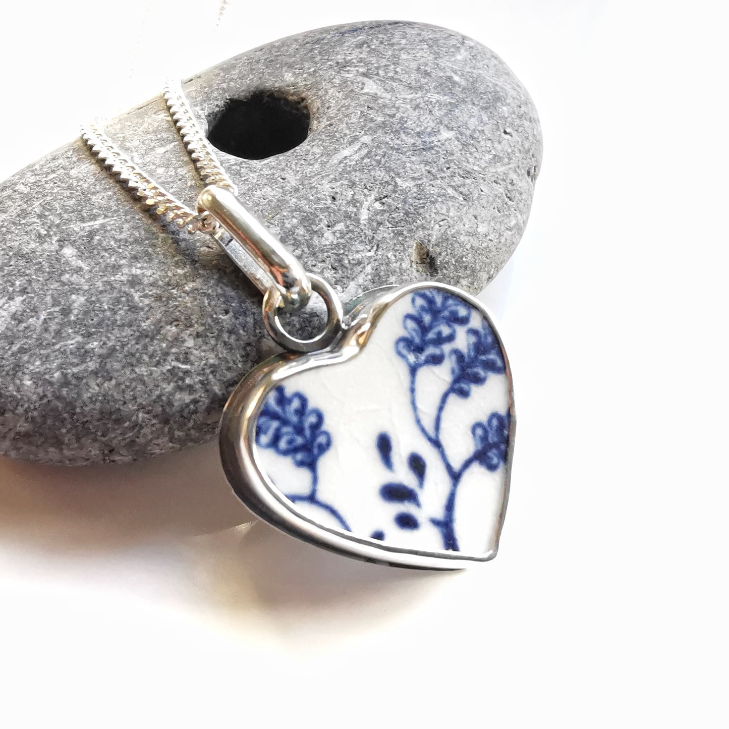 Scottish blue and white beach pottery heart & sterling silver pendant.