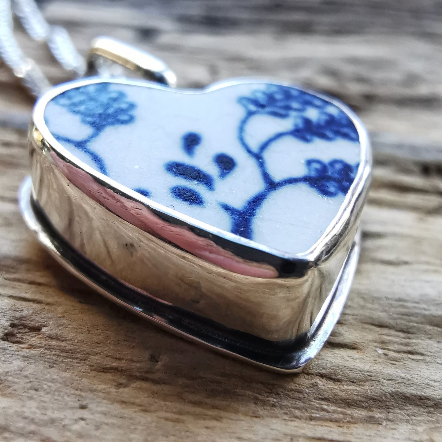 Scottish blue and white beach pottery heart & sterling silver pendant.