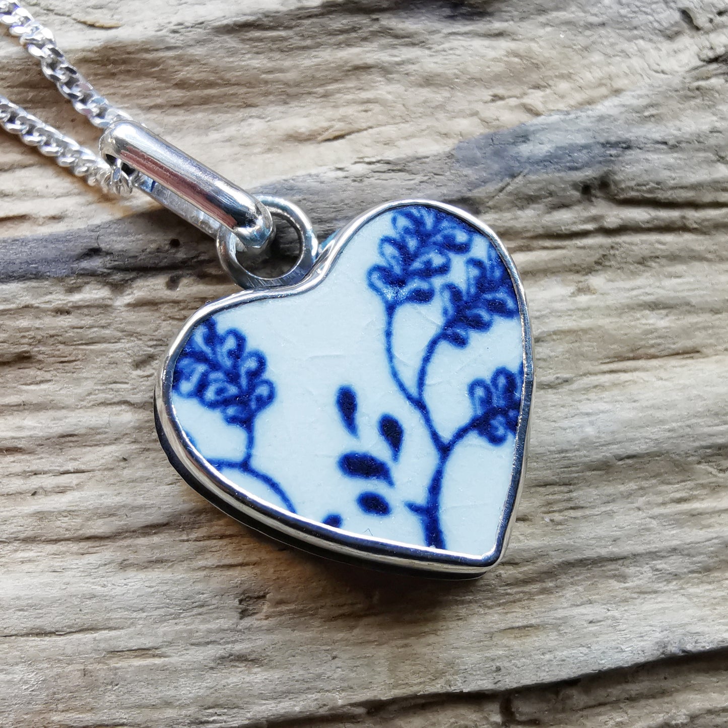 Scottish blue and white beach pottery heart & sterling silver pendant.