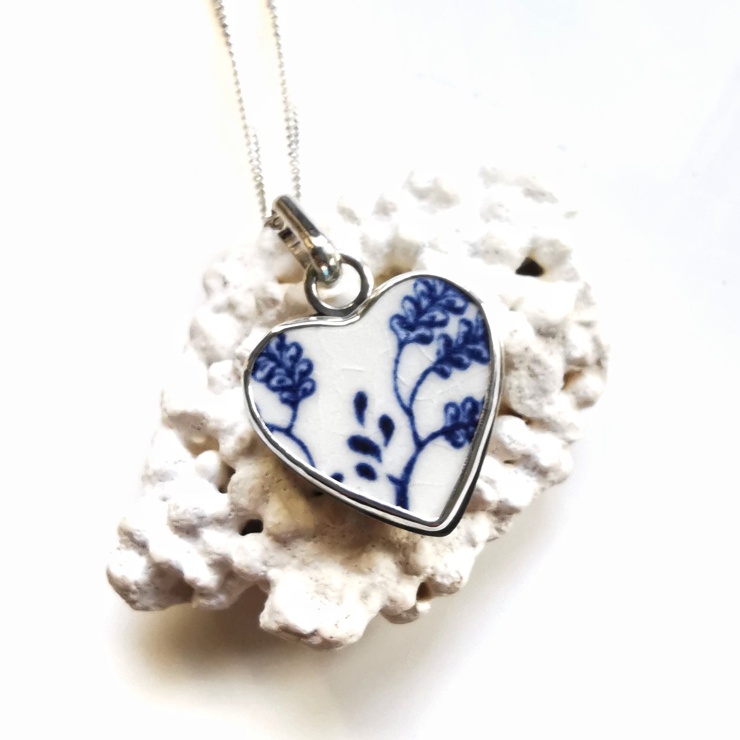 Scottish blue and white beach pottery heart & sterling silver pendant.