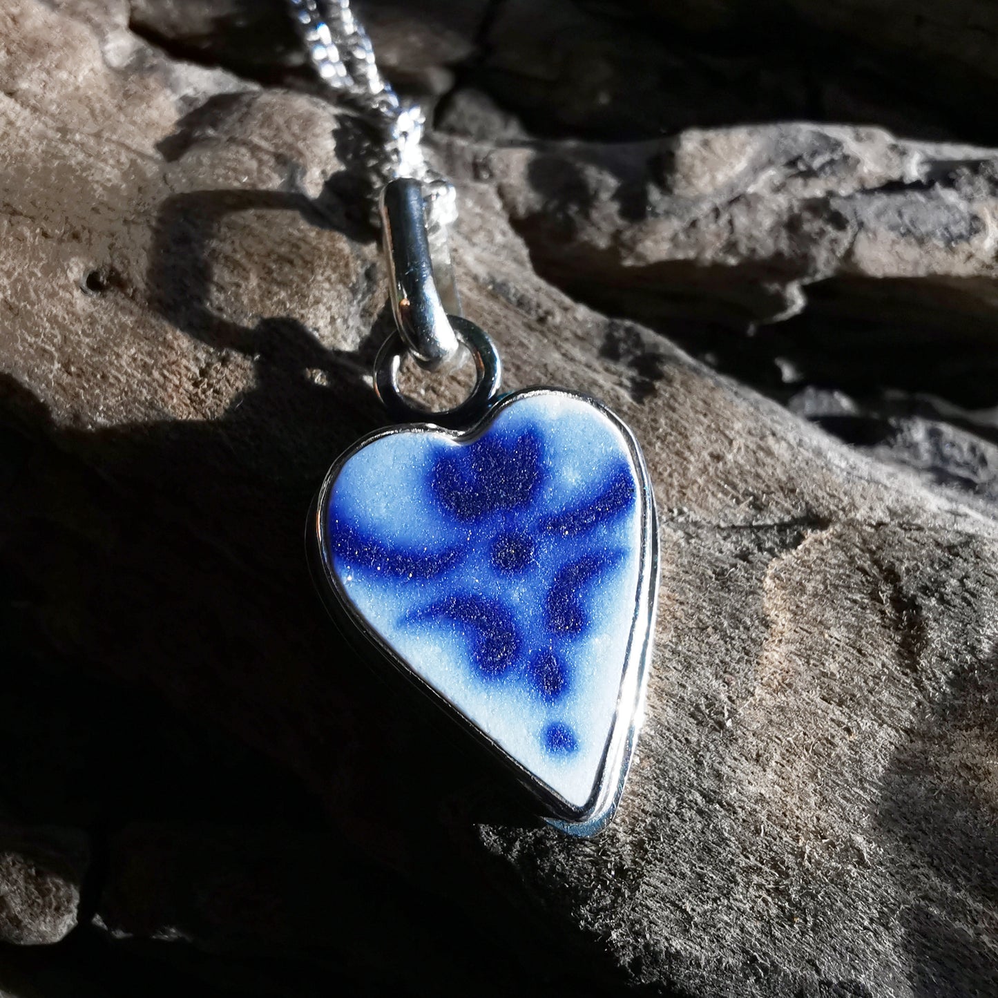 Scottish blue and white sea pottery heart & sterling silver pendant.