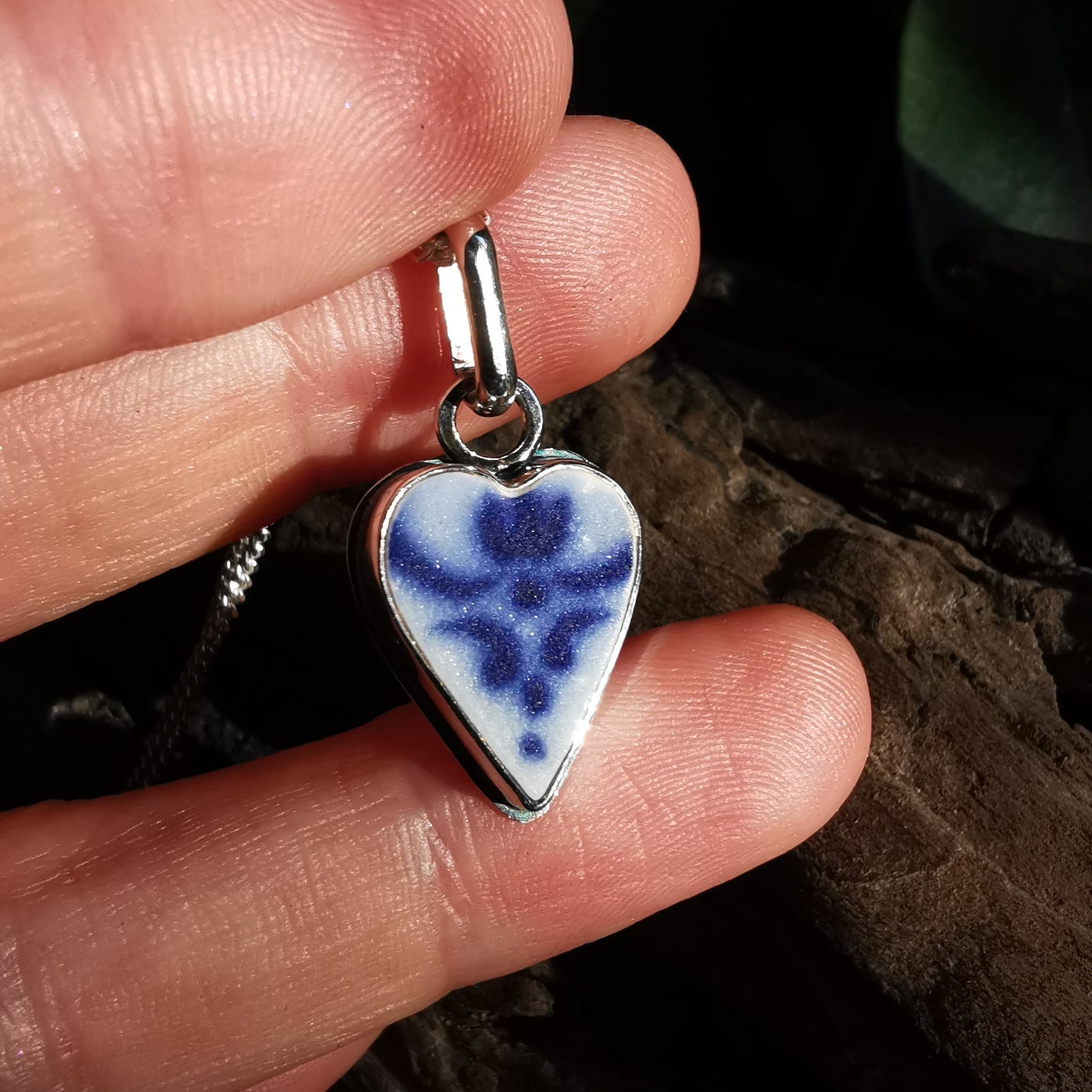 Scottish blue and white sea pottery heart & sterling silver pendant.