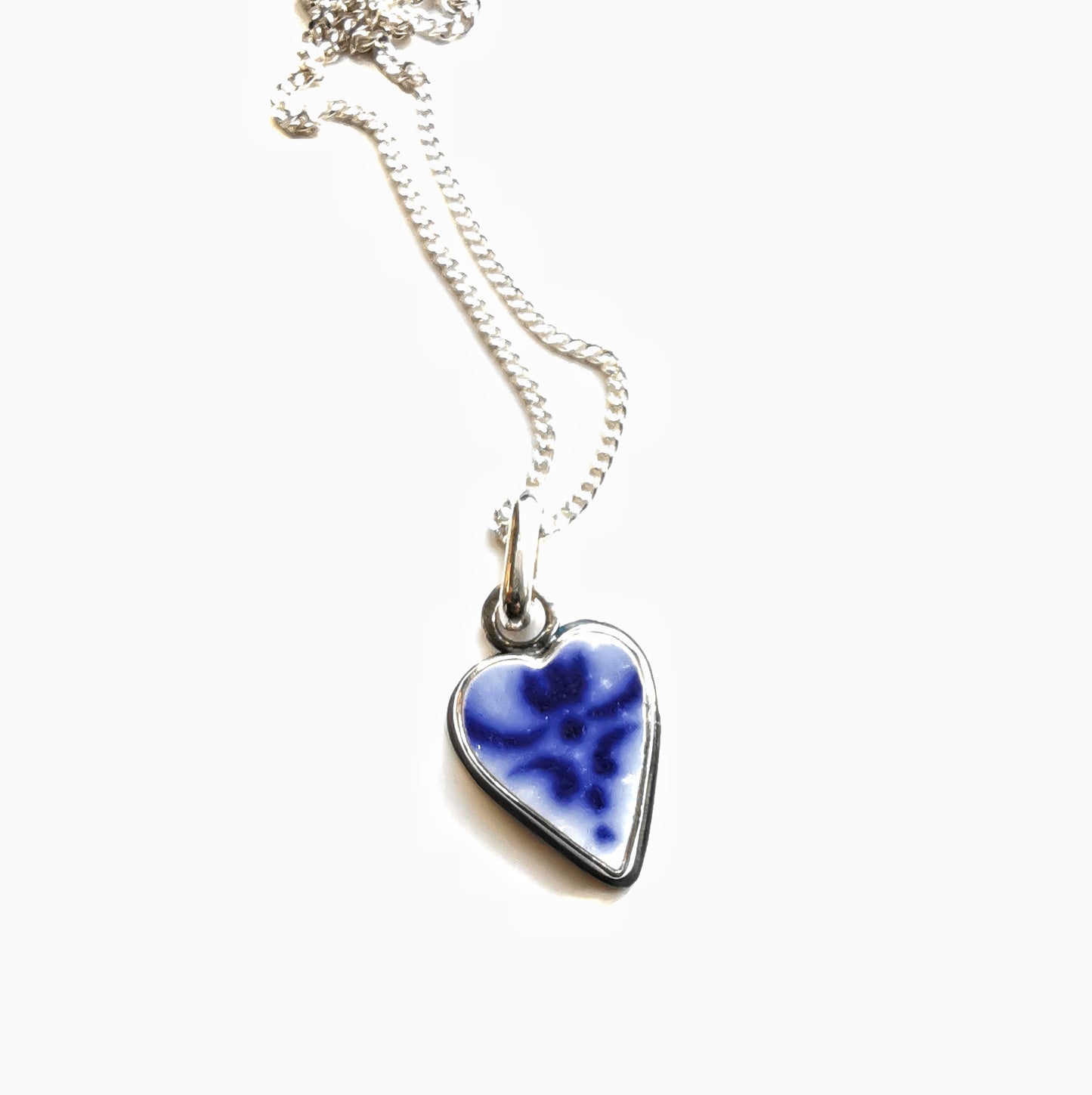 Scottish blue and white sea pottery heart & sterling silver pendant.