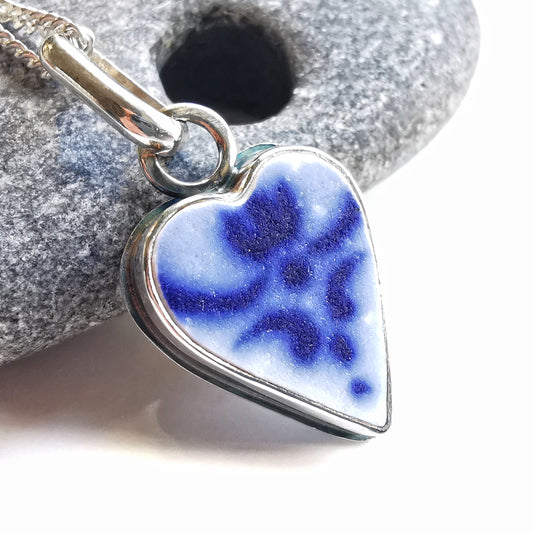 Scottish blue and white sea pottery heart & sterling silver pendant.