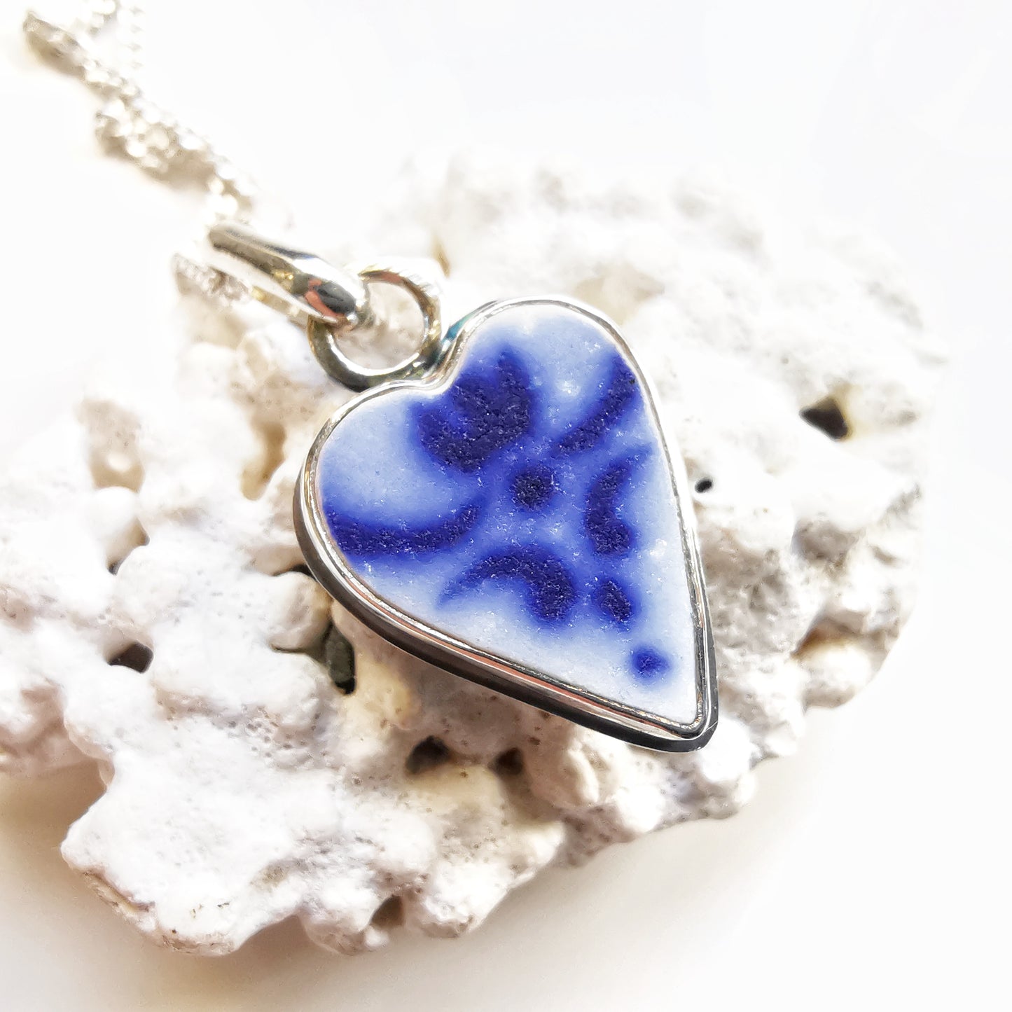 Scottish blue and white sea pottery heart & sterling silver pendant.