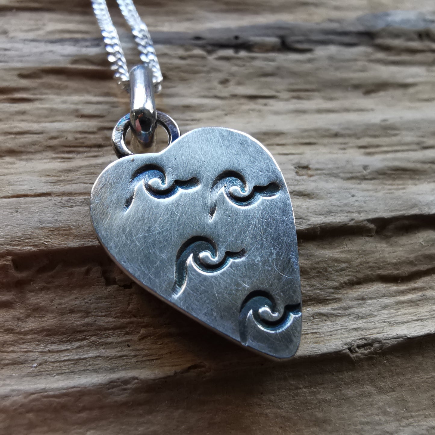 Scottish blue and white sea pottery heart & sterling silver pendant.