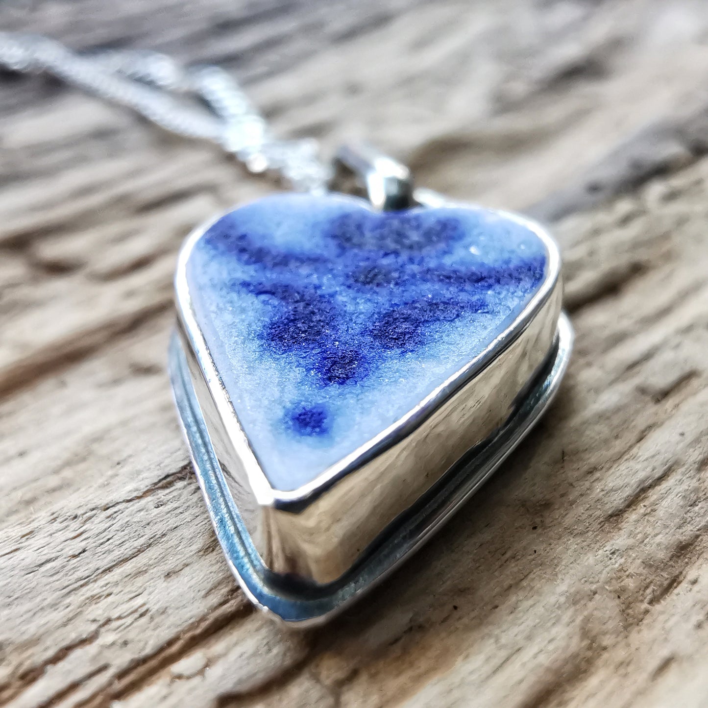 Scottish blue and white sea pottery heart & sterling silver pendant.