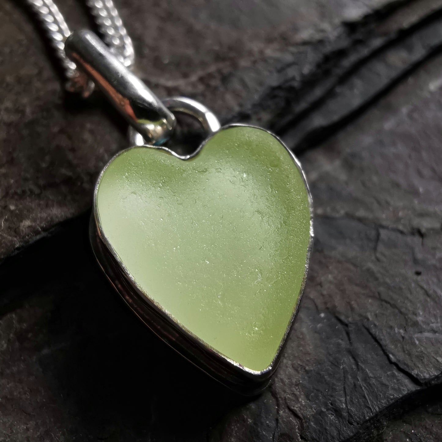 Scottish UV sea glass heart & sterling silver pendant.