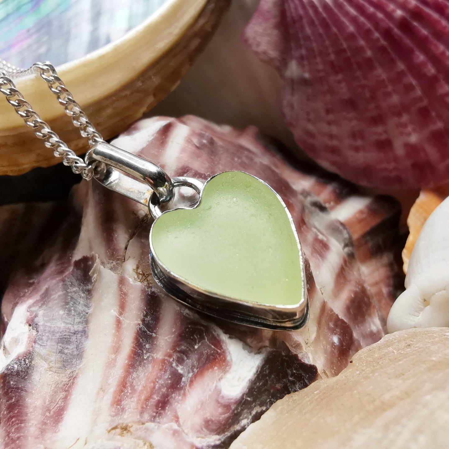 Scottish UV sea glass heart & sterling silver pendant.