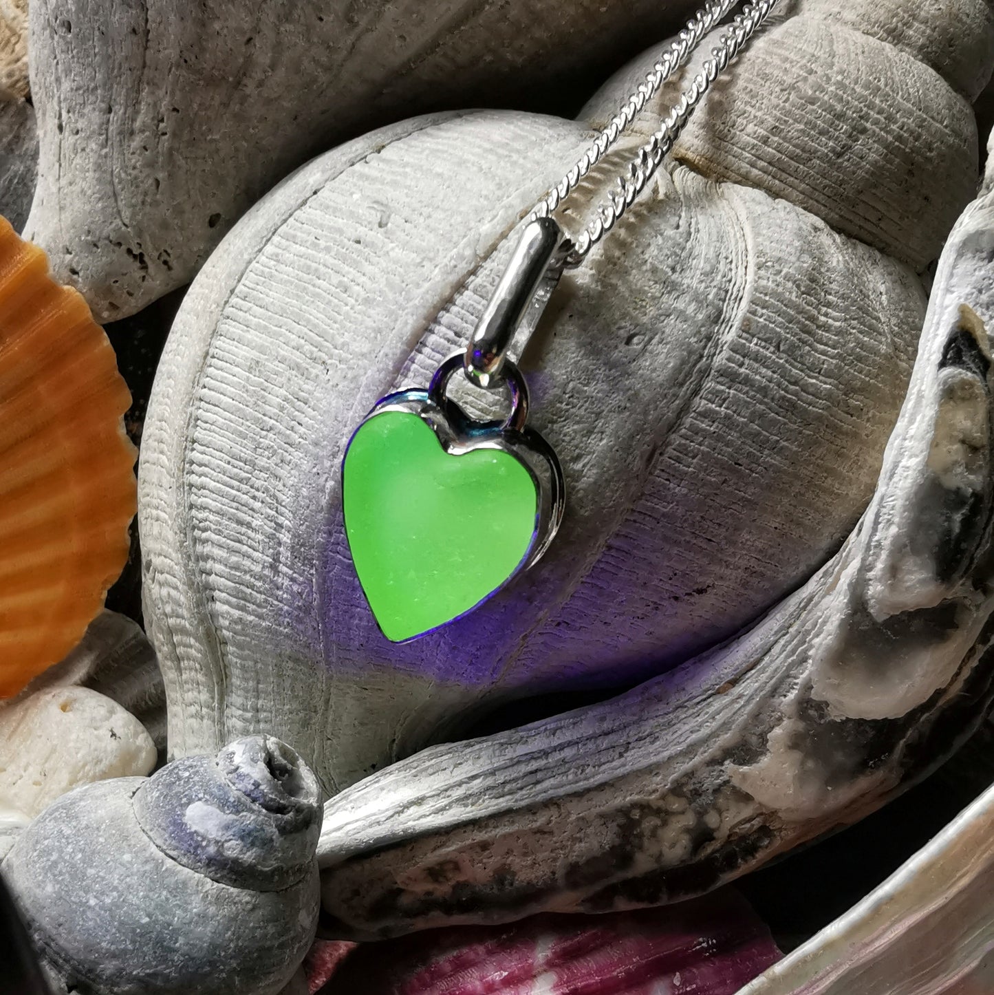 Scottish UV sea glass heart & sterling silver pendant.