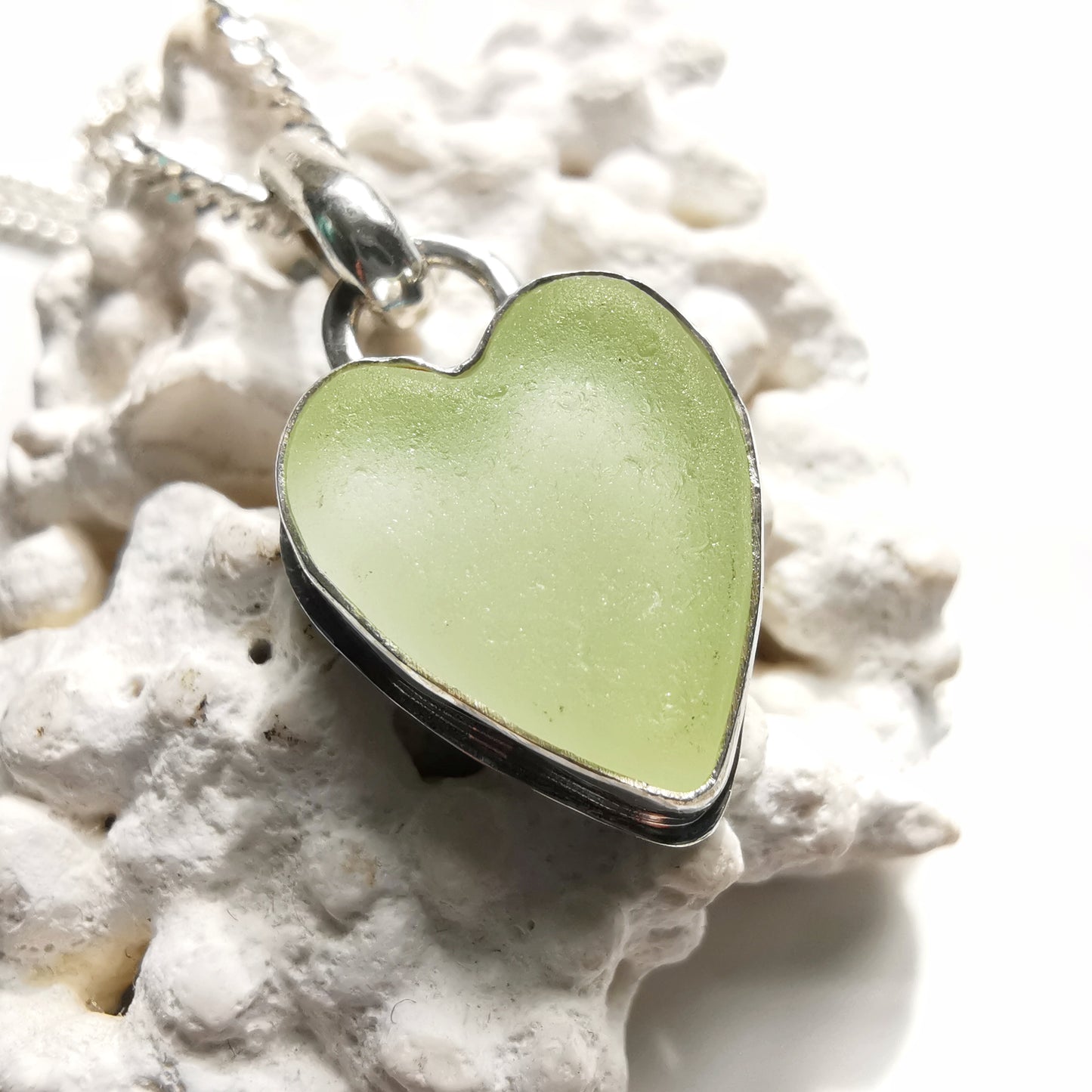 Scottish UV sea glass heart & sterling silver pendant.