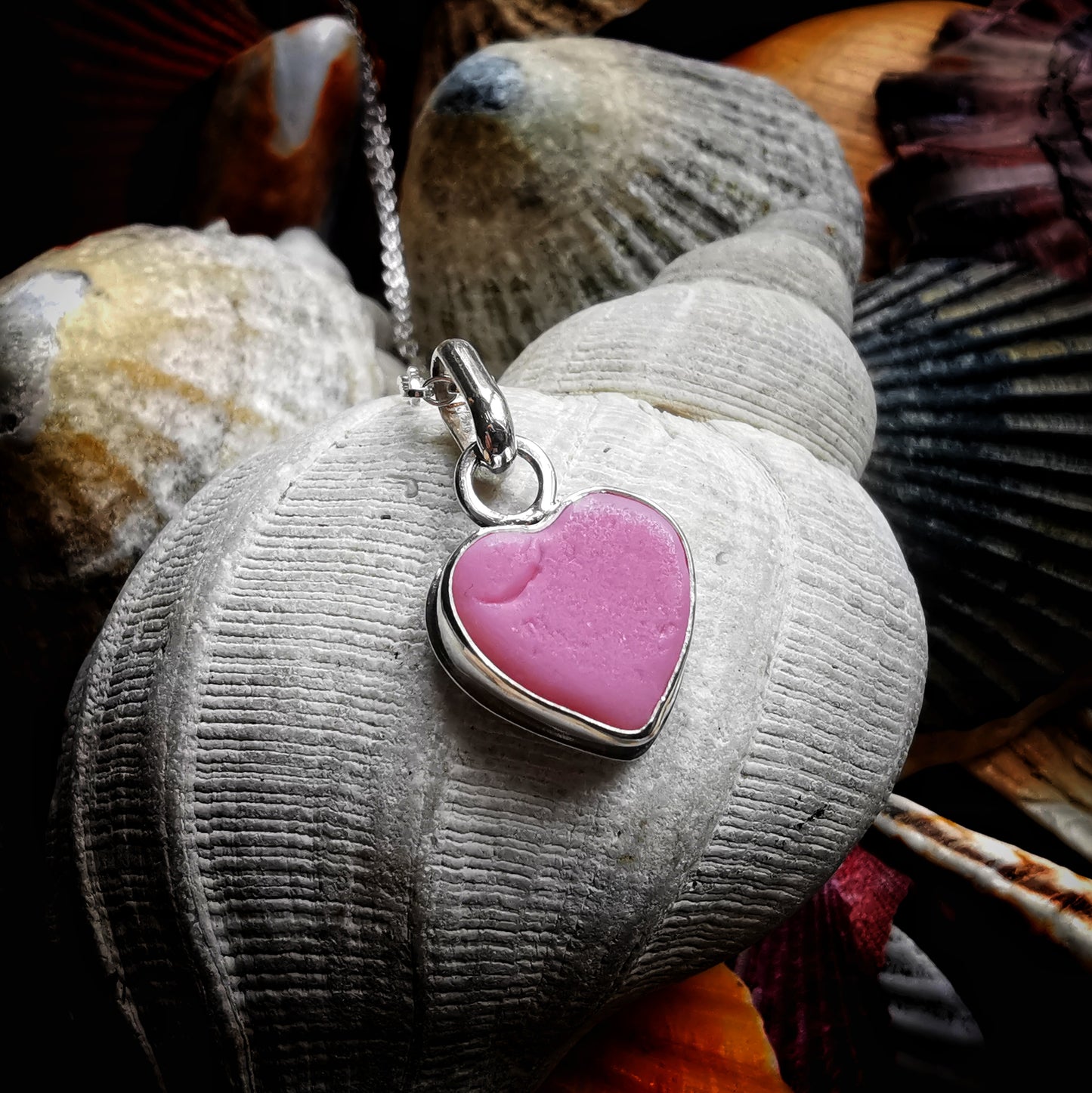 Scottish pink sea glass heart & sterling silver pendant.