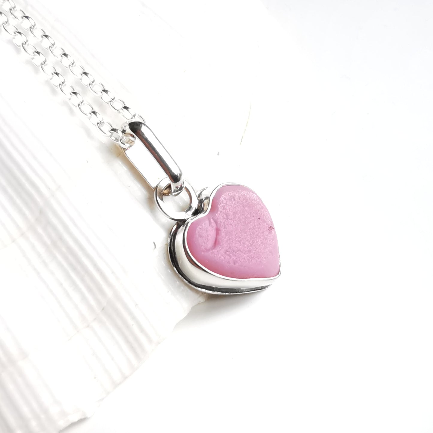 Scottish pink sea glass heart & sterling silver pendant.