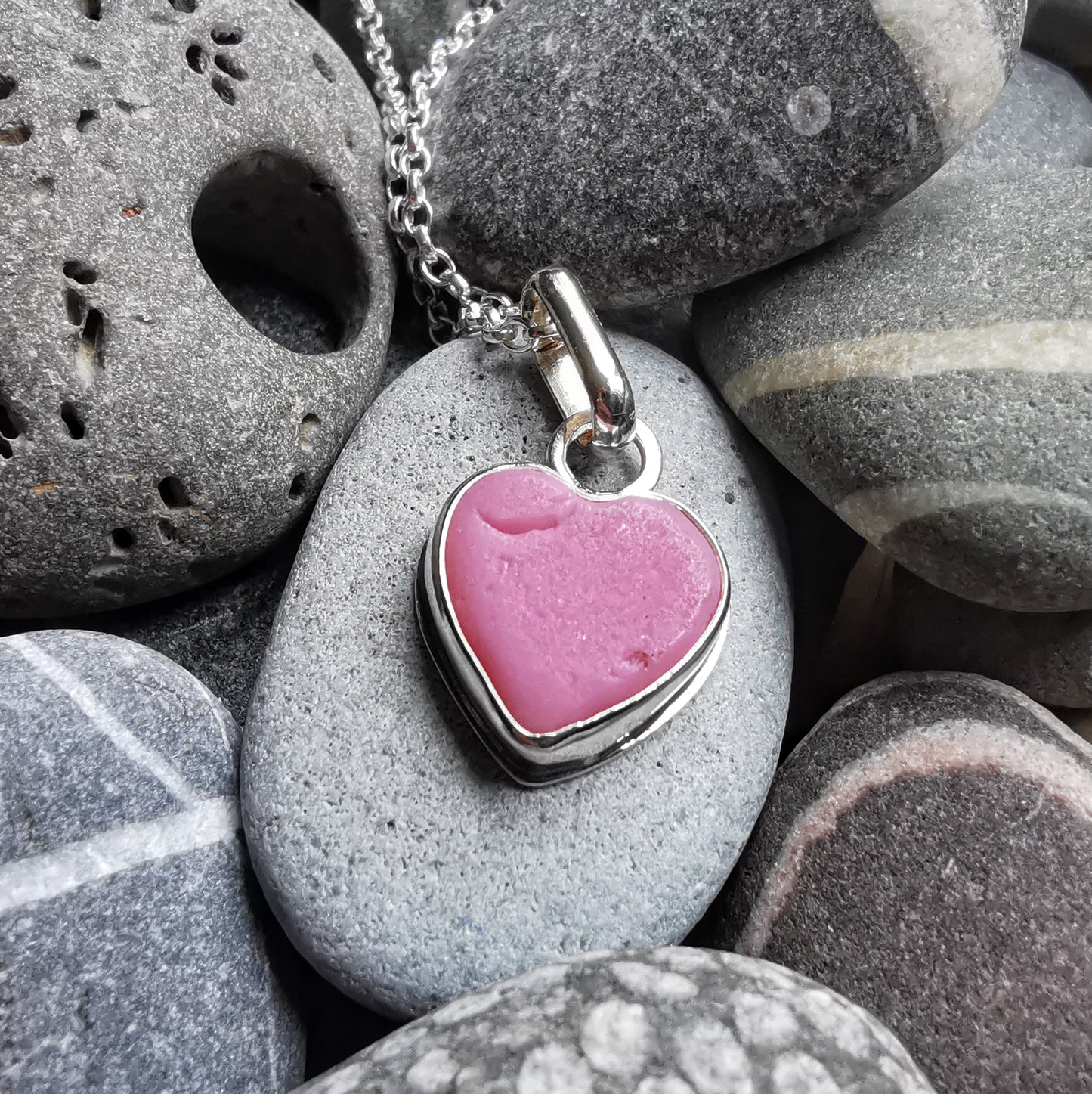 Scottish pink sea glass heart & sterling silver pendant.