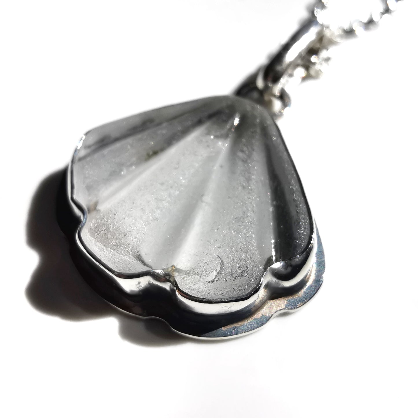 Reserved for Kerry. Scottish clear sea glass shell & sterling silver pendant.