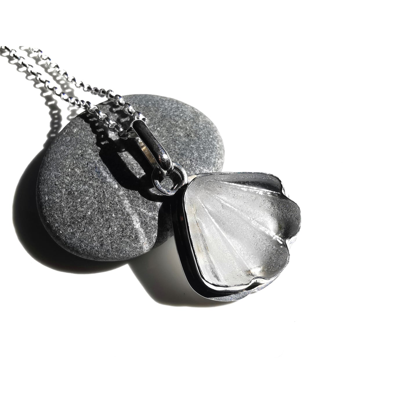 Reserved for Kerry. Scottish clear sea glass shell & sterling silver pendant.