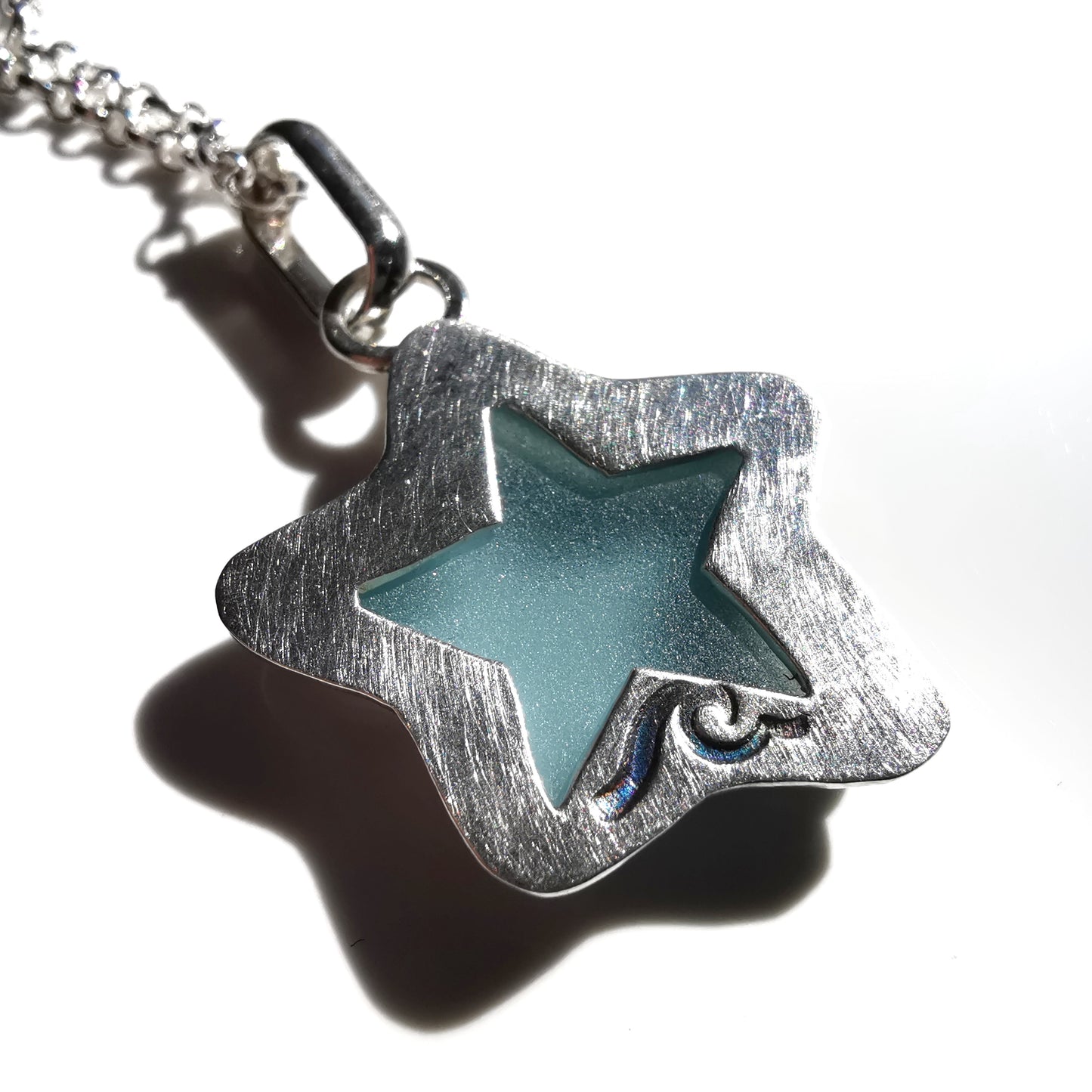 Reserved for Lesley. Scottish blue sea glass star & sterling silver pendant.