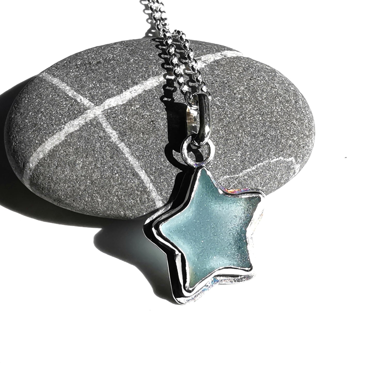 Reserved for Lesley. Scottish blue sea glass star & sterling silver pendant.
